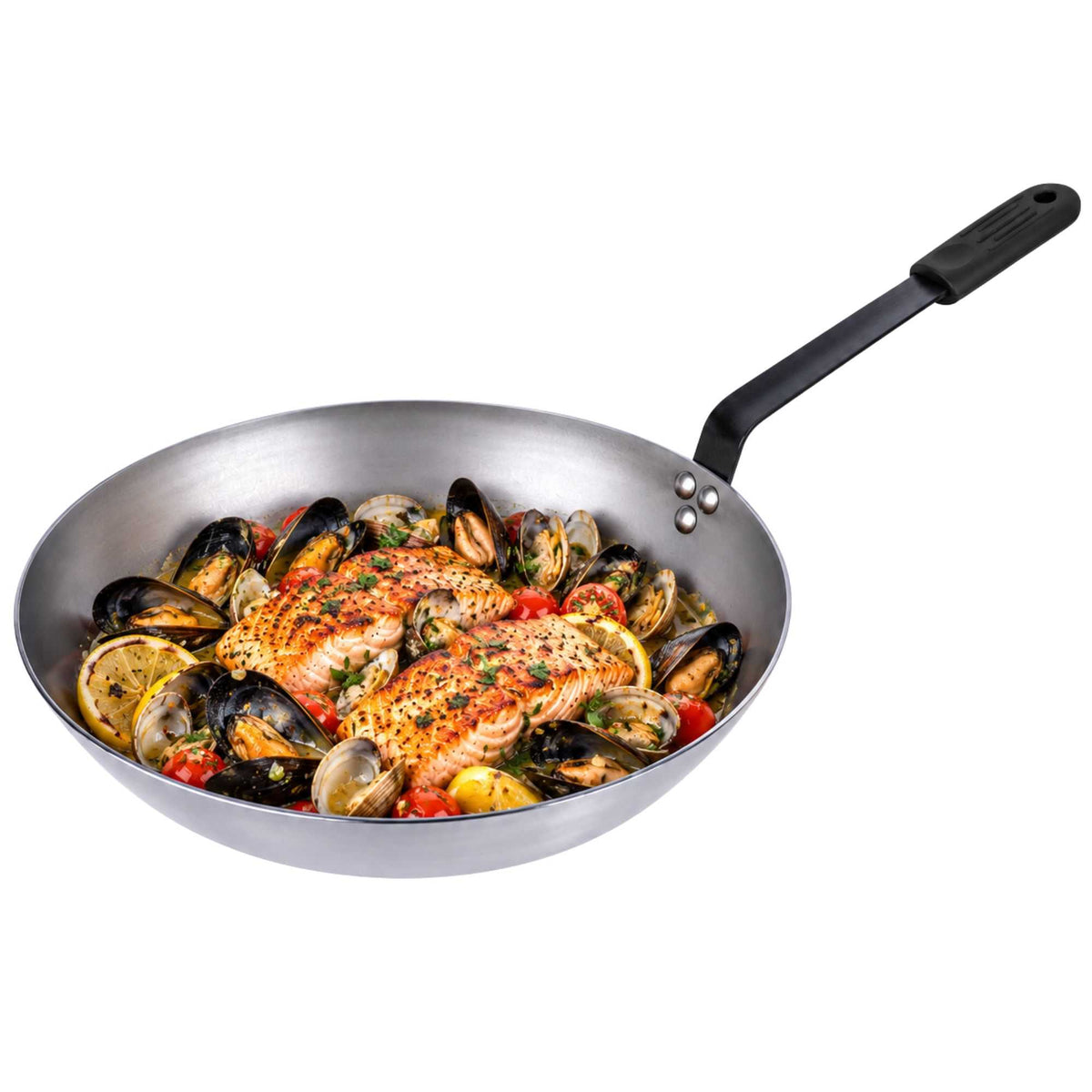 Met Lux 1 Carbon Steel 13" Non-Stick Fry Pan and 1 Black Silicone Pan Handle Sleeve