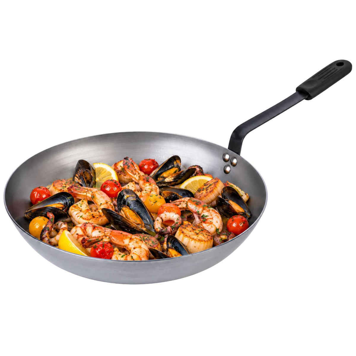 Met Lux 1 Carbon Steel 14" Non-Stick Fry Pan and 1 Black Silicone Pan Handle Sleeve