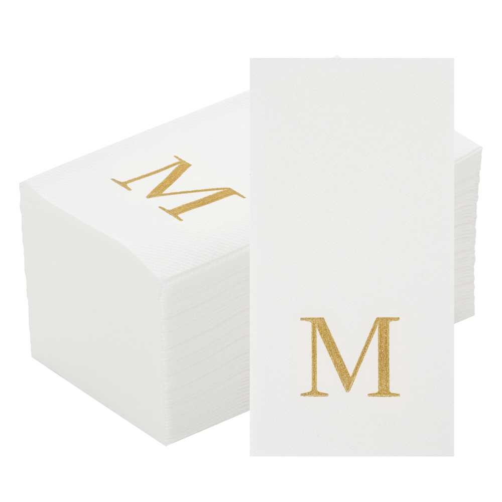 Bundle: 300 Luxenap Rectangle Gold Letter M White Paper Linen-Feel Guest Towel / Napkin - Air Laid, Sans Serif Font