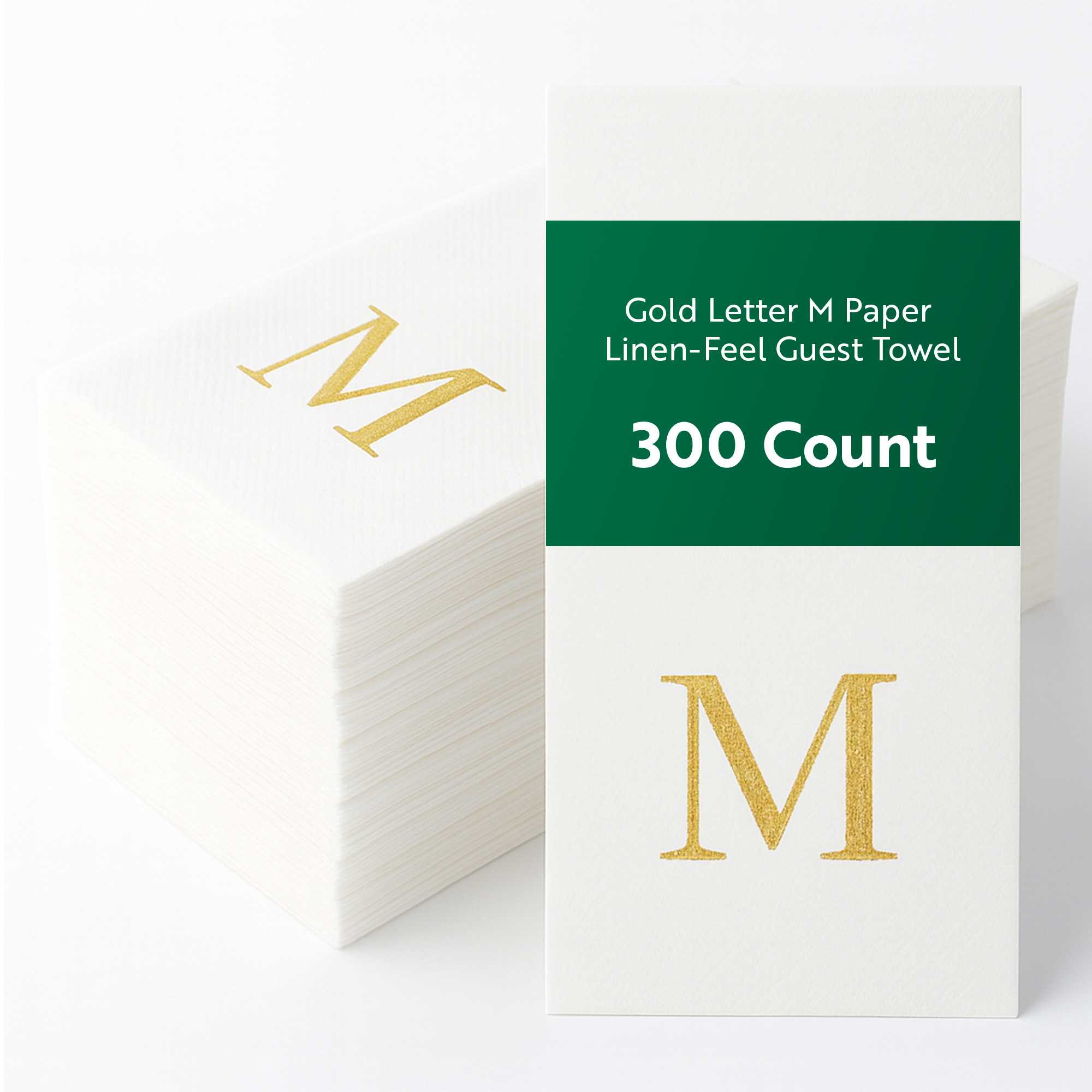 Bundle: 300 Luxenap Rectangle Gold Letter M White Paper Linen-Feel Guest Towel / Napkin - Air Laid, Sans Serif Font