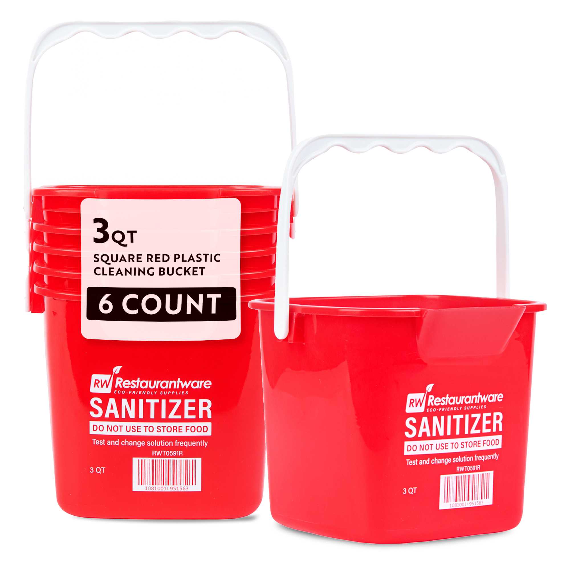 RW Clean 3 Qt Square Red Plastic Sanitizing Bucket - with Plastic Handle - 7" x 6 3/4" x 6" - 6 count box