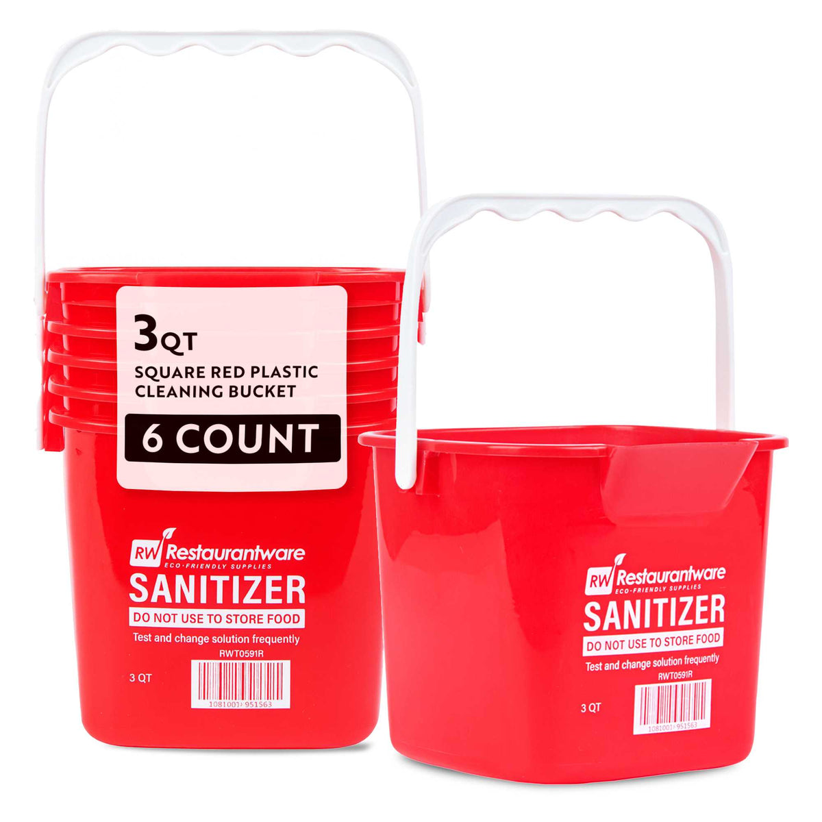 RW Clean 3 Qt Square Red Plastic Sanitizing Bucket - with Plastic Handle - 7" x 6 3/4" x 6" - 6 count box