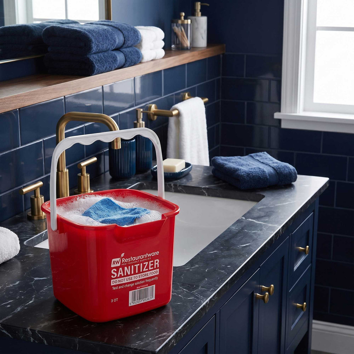 RW Clean 3 Qt Square Red Plastic Sanitizing Bucket - with Plastic Handle - 7" x 6 3/4" x 6" - 6 count box