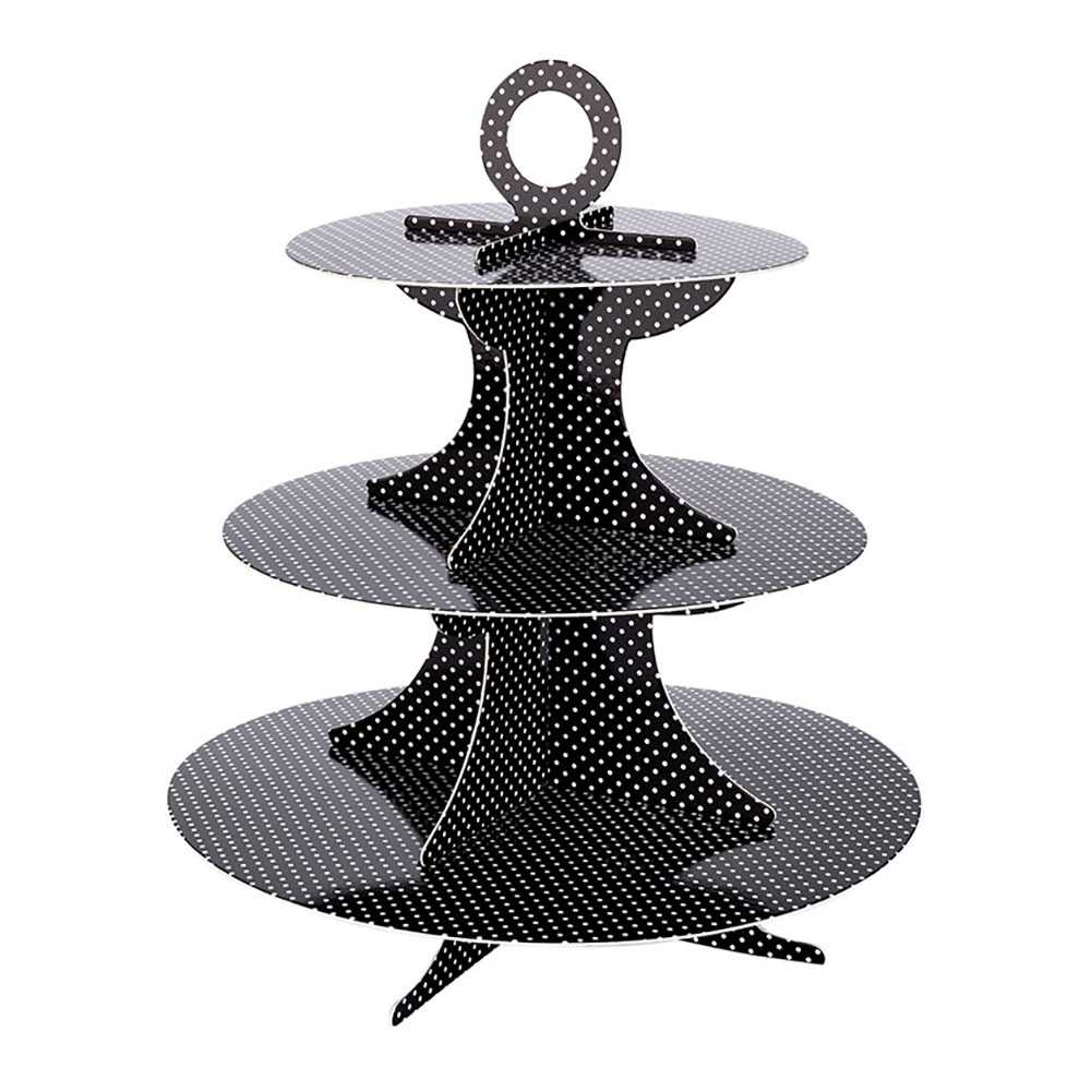 Pastry Tek Black Cardboard Cupcake Stand - 3-Tier, White Polka Dots - 13 1/2" x 13 1/2" x 14" - 2 count box