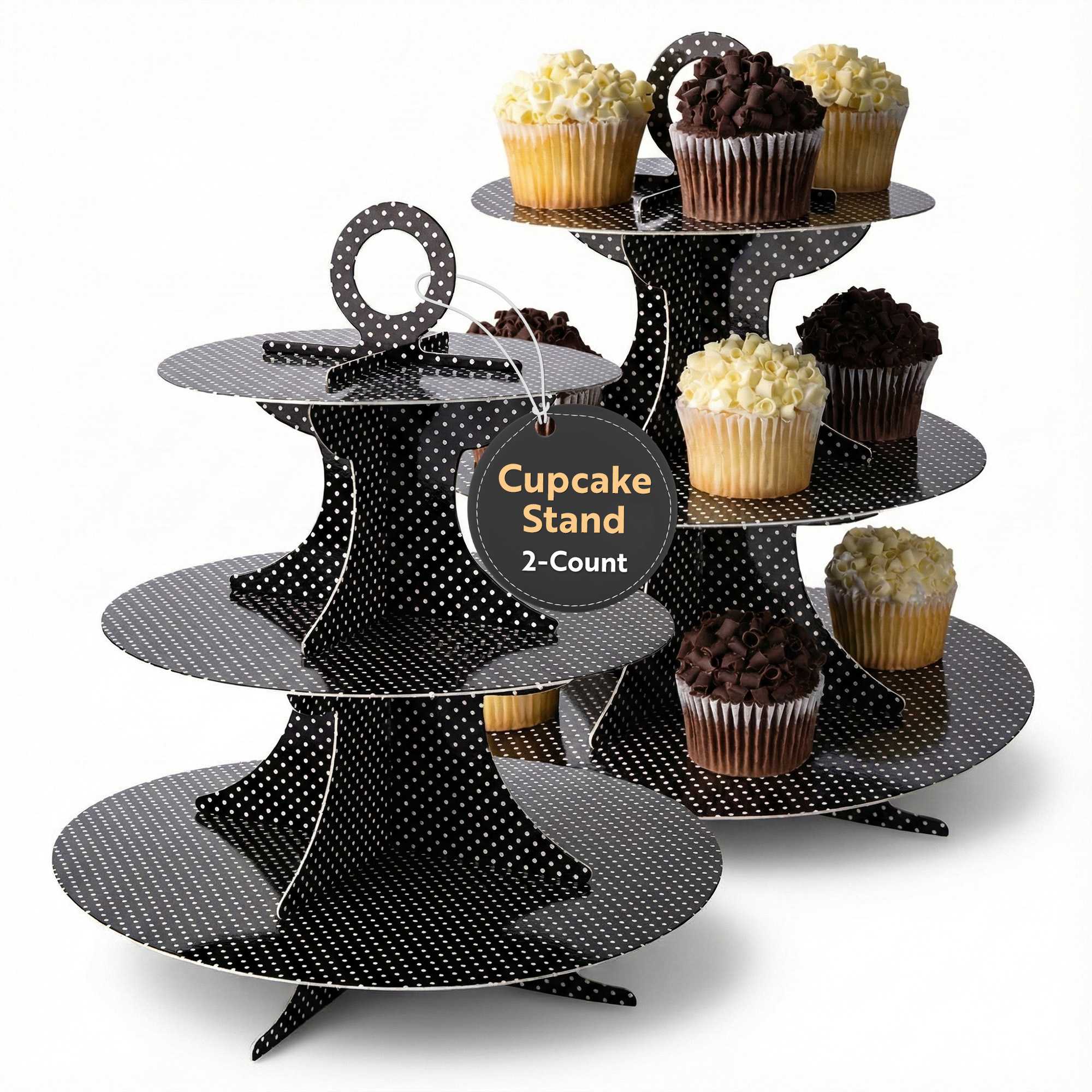 Pastry Tek Black Cardboard Cupcake Stand - 3-Tier, White Polka Dots - 13 1/2" x 13 1/2" x 14" - 2 count box