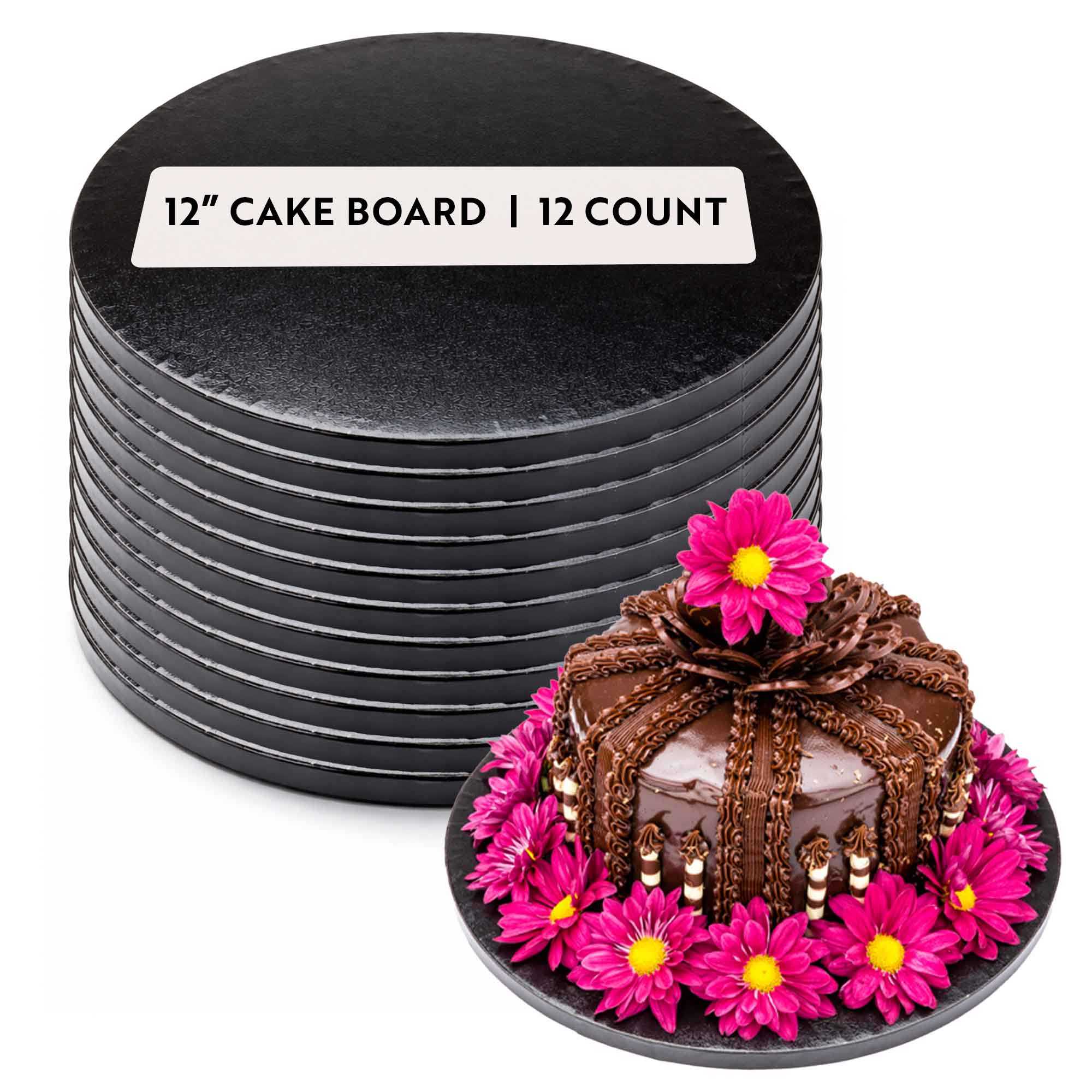 Pastry Tek Round Black Cardboard Cake Drum Board - Covered Edge - 12" x 12" x 1/2" - 12 count box