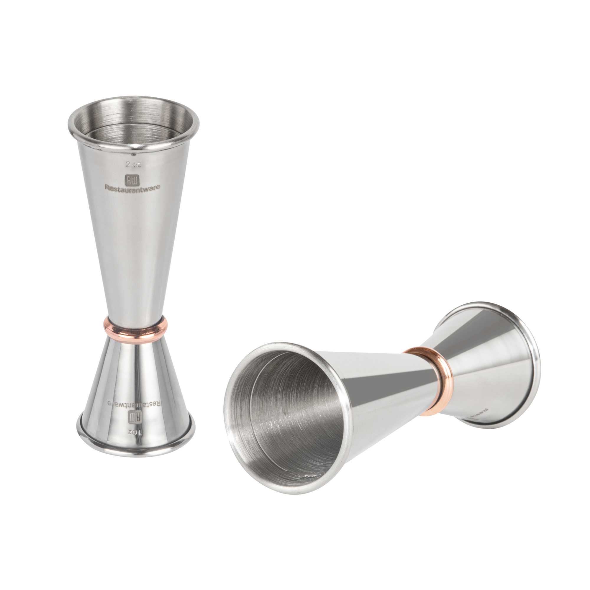 Bar Lux 1 oz / 2 oz Stainless Steel Jigger - Japanese Style, Mirrored Finish, Copper-Plated Ring - 2 count box