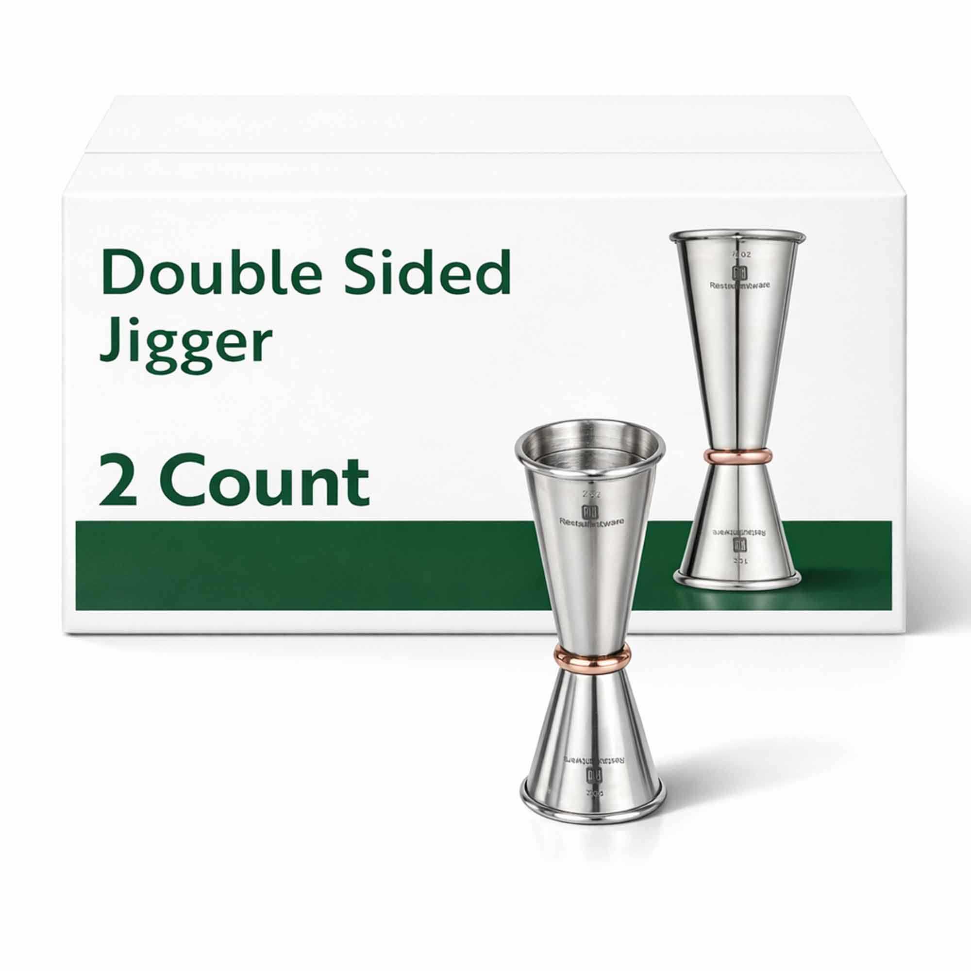 Bar Lux 1 oz / 2 oz Stainless Steel Jigger - Japanese Style, Mirrored Finish, Copper-Plated Ring - 2 count box