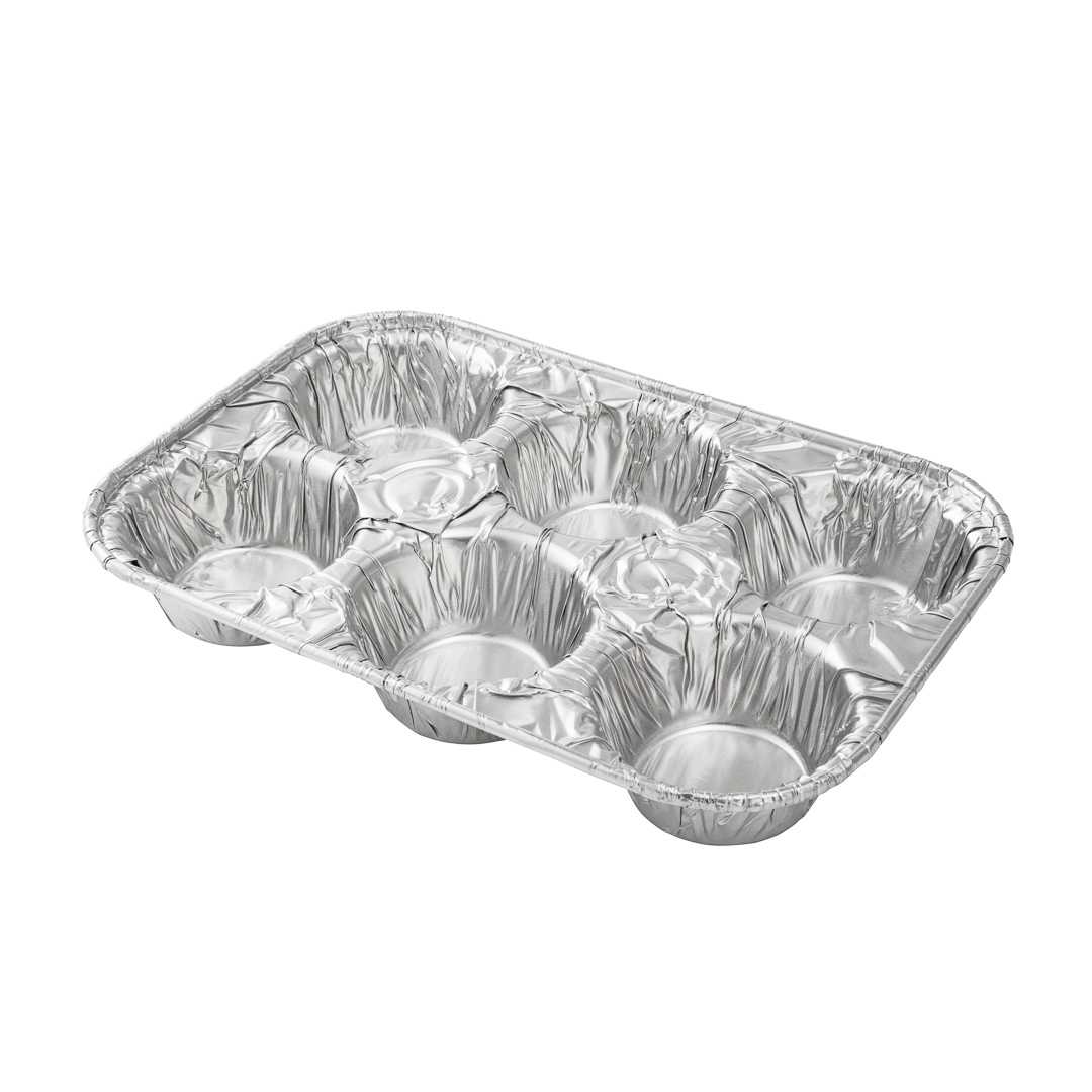 Pastry Tek Silver Aluminum Cupcake / Muffin Pan - 6-Compartment - 9 1/2" x 6 1/2" x 1 1/2" - 50 count box