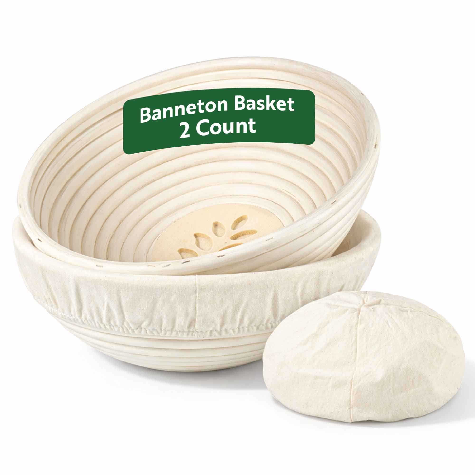 Pastry Tek Rattan Round Natural Banneton Proofing Basket - with 2 Cotton Liners - 9" x 9" x 3 1/4" - 2 count box