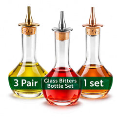 Bar Lux 3-Piece 4 oz Glass Modern Style Bitters Bottle Set - Silver-, Copper-, Gold-Plated Dasher - 5 3/4