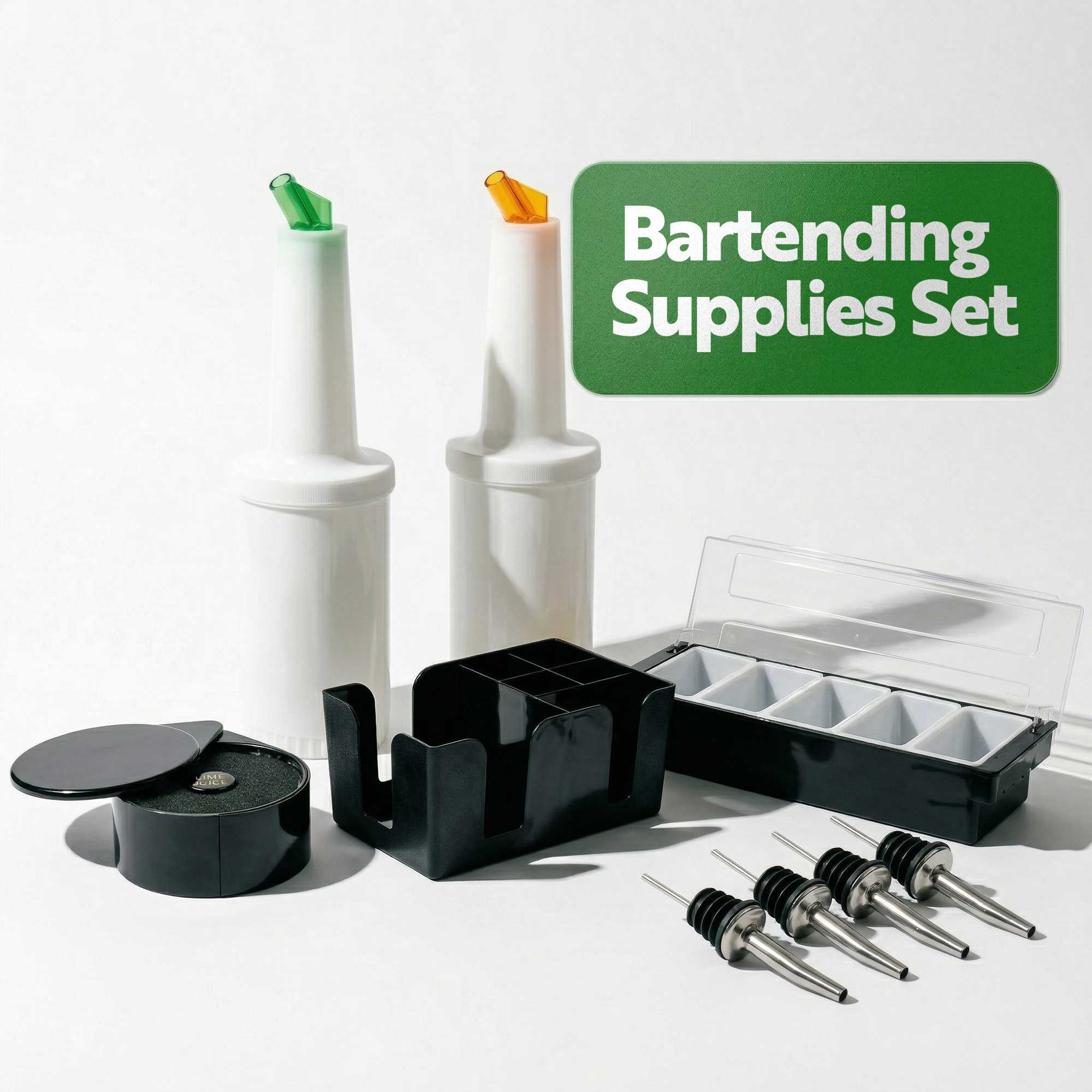 Bar Lux 6-Piece Bartending Supplies Set - Condiment Caddy, Caddy / Holder, Glass Rimmer, Speed Pourers, Bottles - 1 Count Box