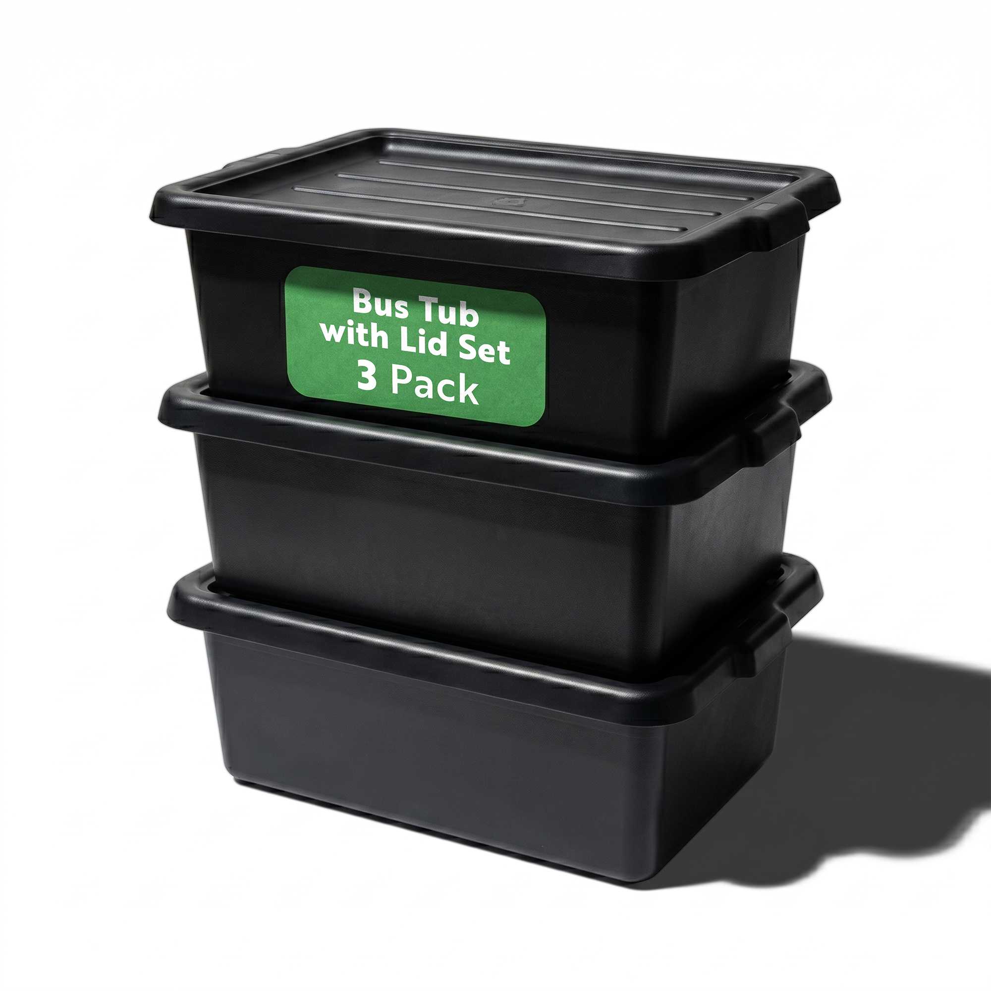 RW Clean 2-Piece Black Plastic Bus Tub And Lid Set - Deep, Easy Grip - 3 count box