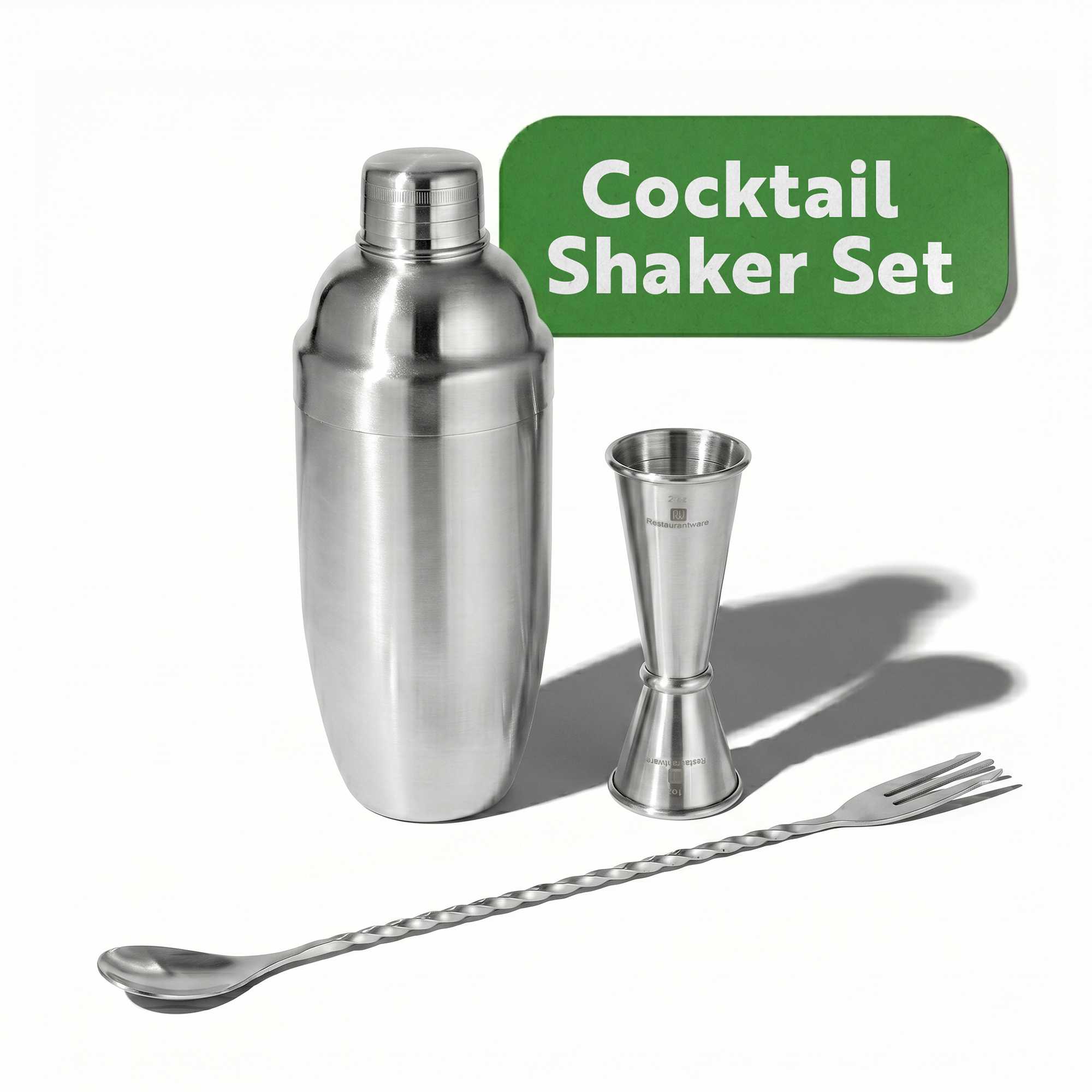 Bar Lux 3-Piece Stainless Steel Cocktail Shaker Set - 24 oz Cobbler Shaker, 1 oz / 2 oz Jigger, 12" Barspoon - 1 count box