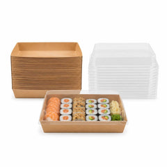Matsuri Vision 2-Piece Rectangle Kraft Paper Medium Sushi Tray And Clear Plastic Lid Set - 8