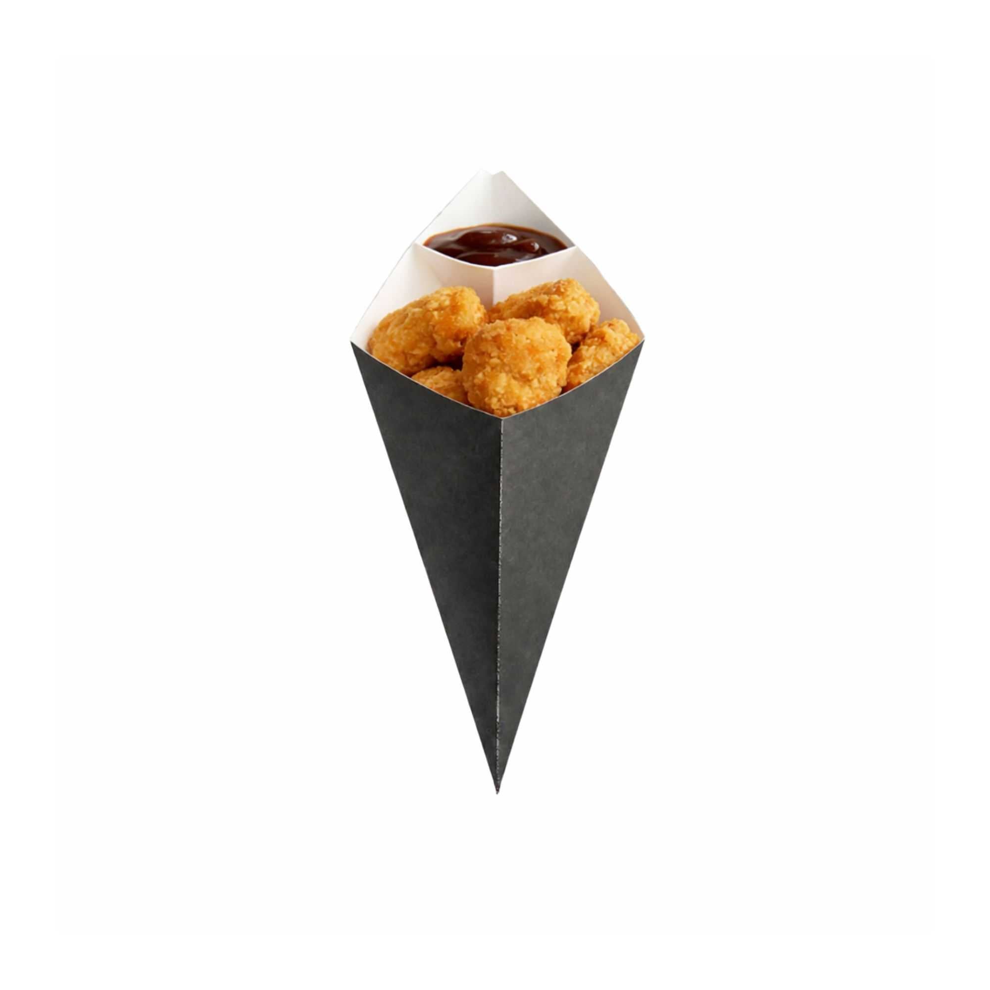 Cone Tek Black Paper Food Cone - with Dipping Pocket - 9 1/2" x 5 1/2" - 50 count box