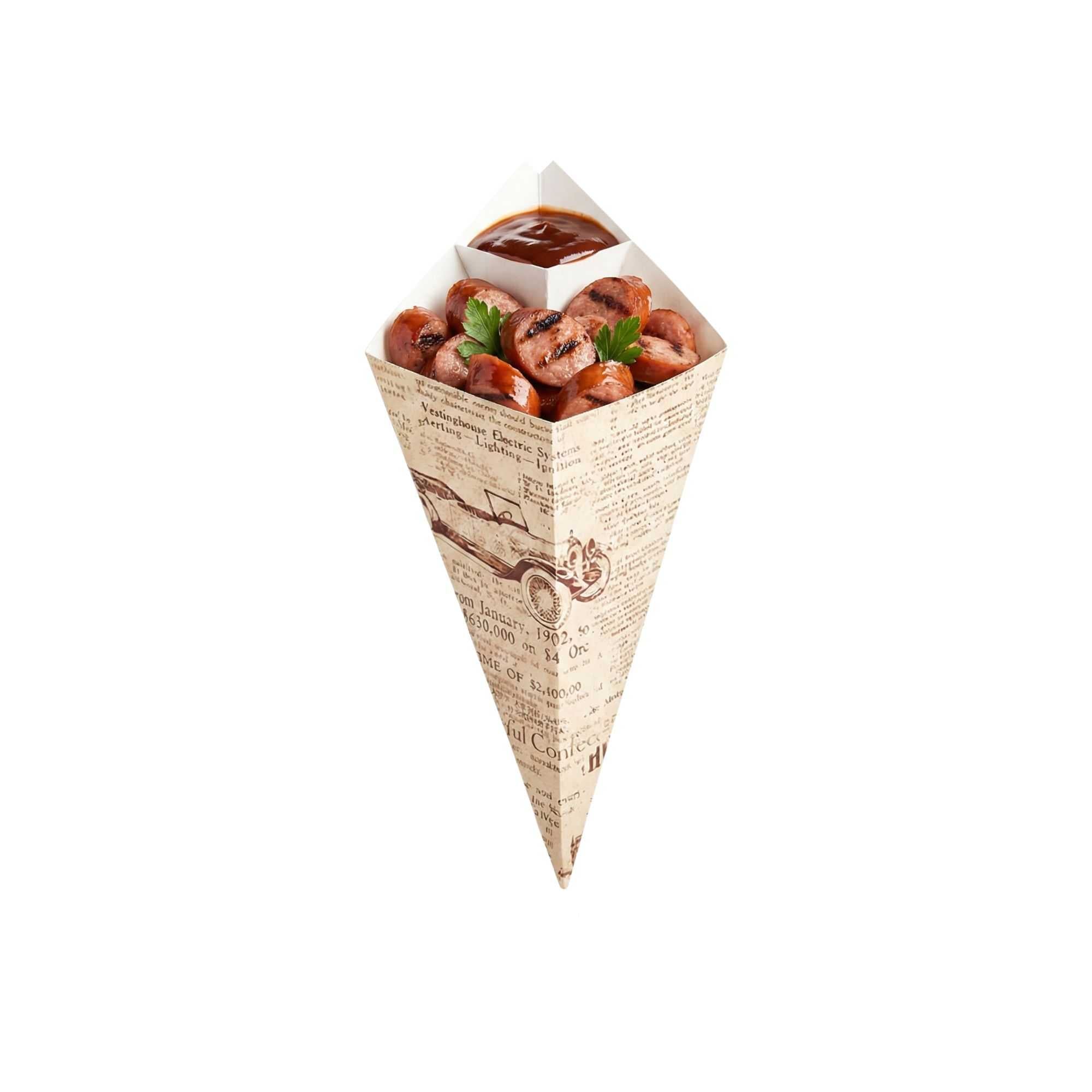 Cone Tek Newsprint Paper Food Cone - with Dipping Pocket - 9 1/2" x 5 1/2" - 100 count box