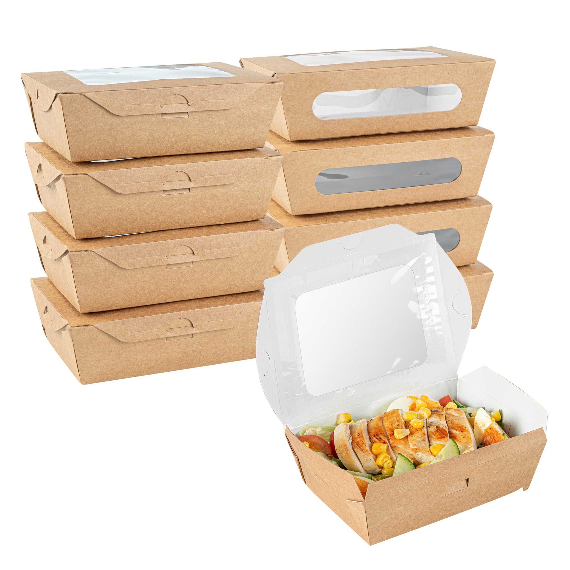 Cafe Vision 28 oz Rectangle Kraft Paper Small Bio Take Out Container - Two Windows - 6 1/4" x 4 3/4" x 2" - 200 count box