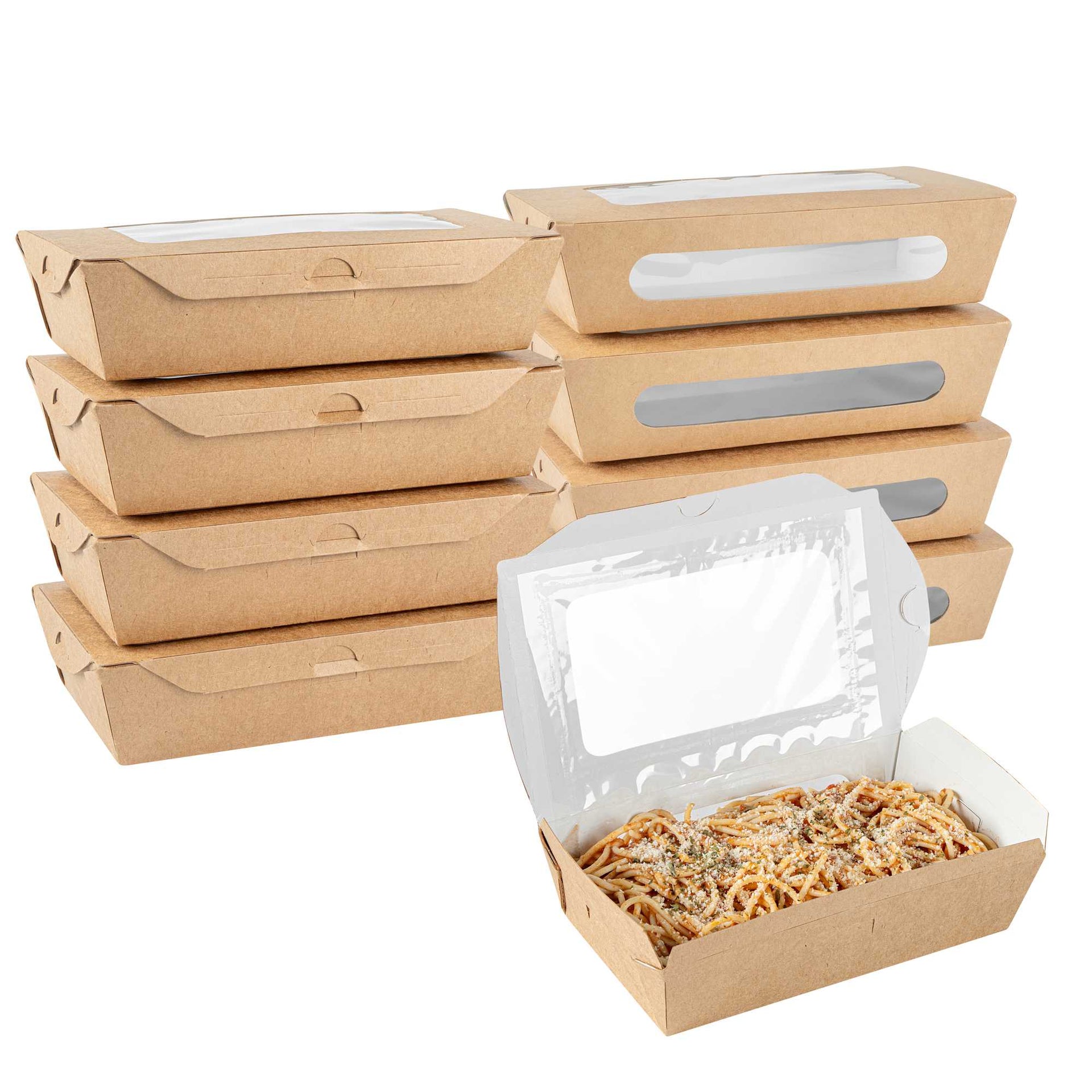 Cafe Vision 35 oz Rectangle Kraft Paper Medium Bio Take Out Container - Two Windows - 8" x 4 3/4" x 2" - 200 count box