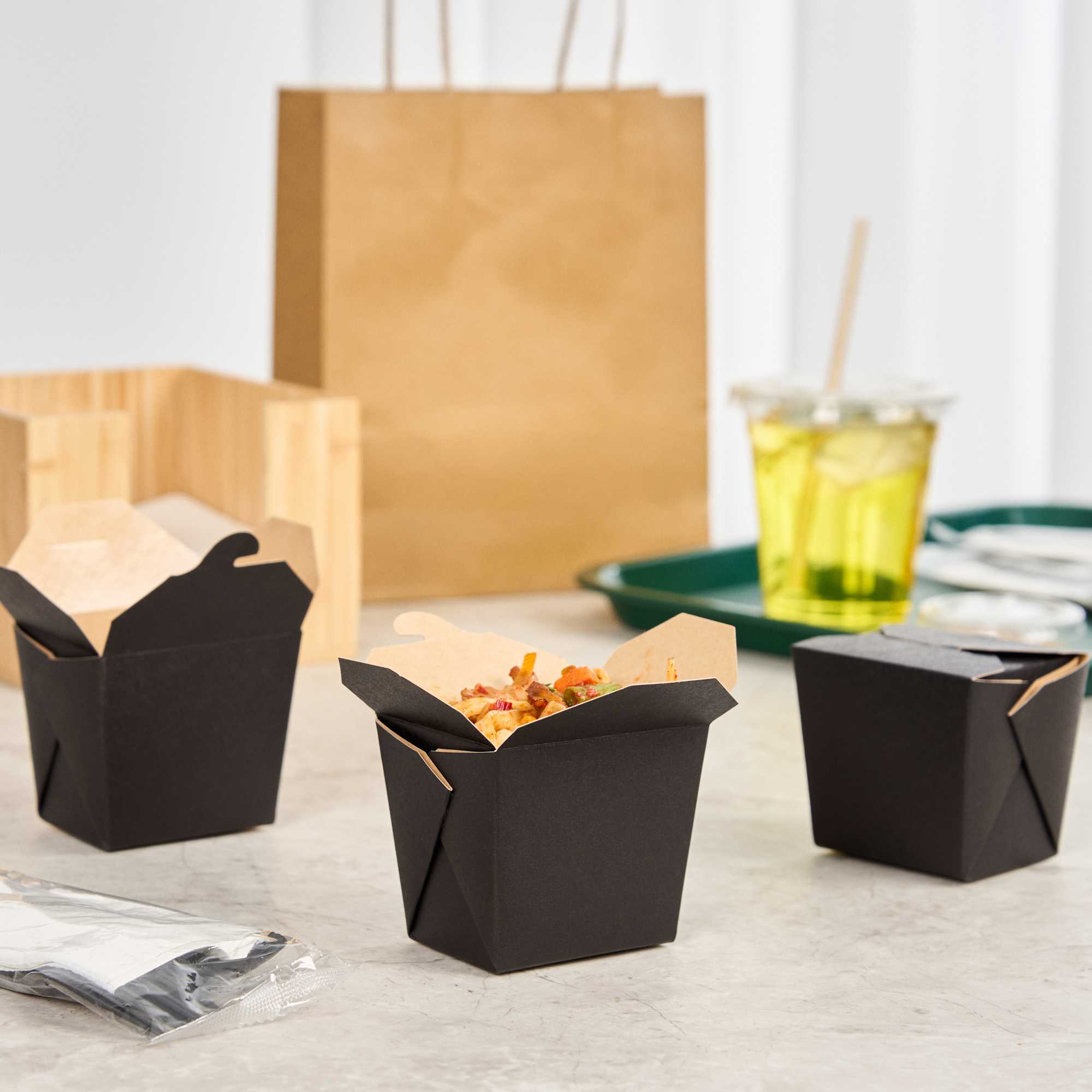 Bio Tek 8 oz Square Black Paper Noodle Take Out Container - 2 3/4