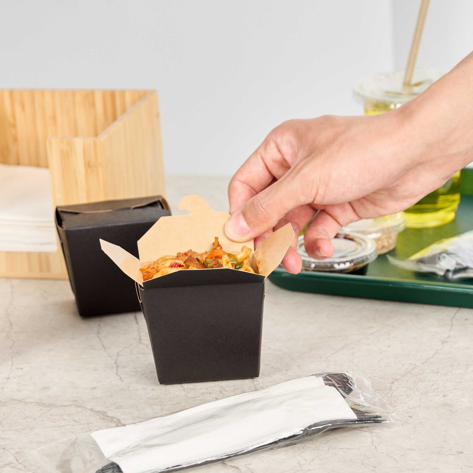 Bio Tek 8 oz Square Black Paper Noodle Take Out Container - 2 3/4