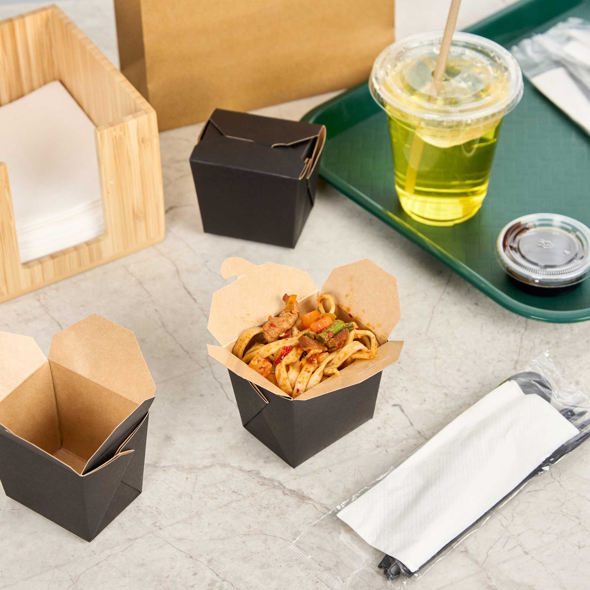 Bio Tek 8 oz Square Black Paper Noodle Take Out Container - 2 3/4