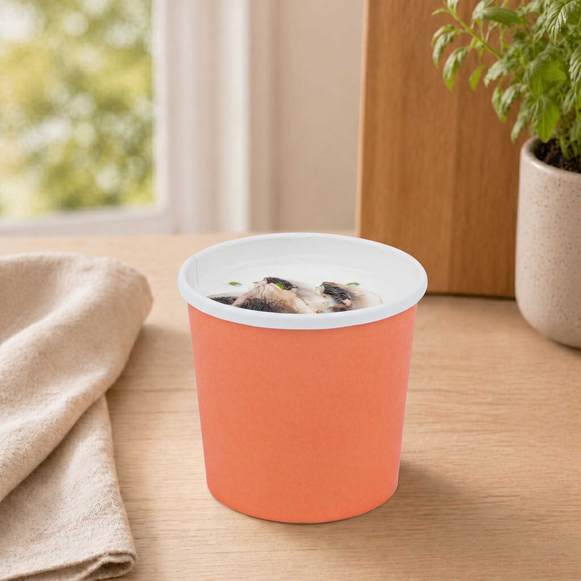 Bio Tek 12 oz Round Tangerine Orange Paper Soup Container - 3 1/2" x 3 1/2" x 3 1/2" - 200 count box
