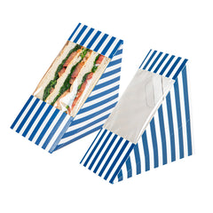 Cafe Vision Triangle Blue and White Stripe Paper Large Sandwich Box - 4 3/4