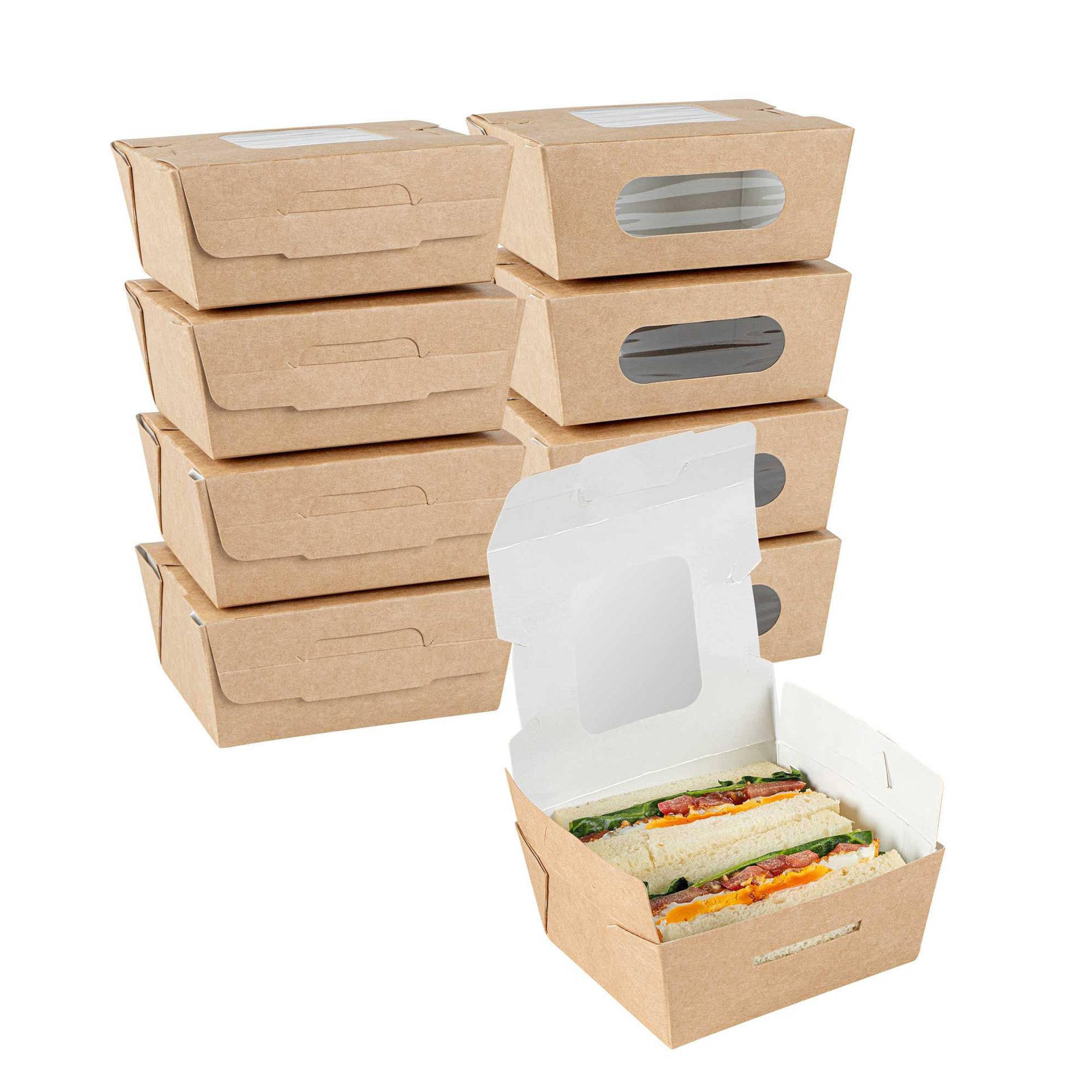 Cafe Vision 12 oz Rectangle Kraft Paper Mini Bio Take Out Container - Two Windows - 4 1/4" x 3 3/4" x 1 3/4" - 200 count box