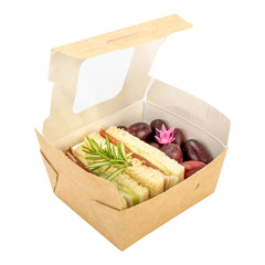 Cafe Vision 12 oz Rectangle Kraft Paper Mini Bio Lunch Box - Two Windows - 4 1/4