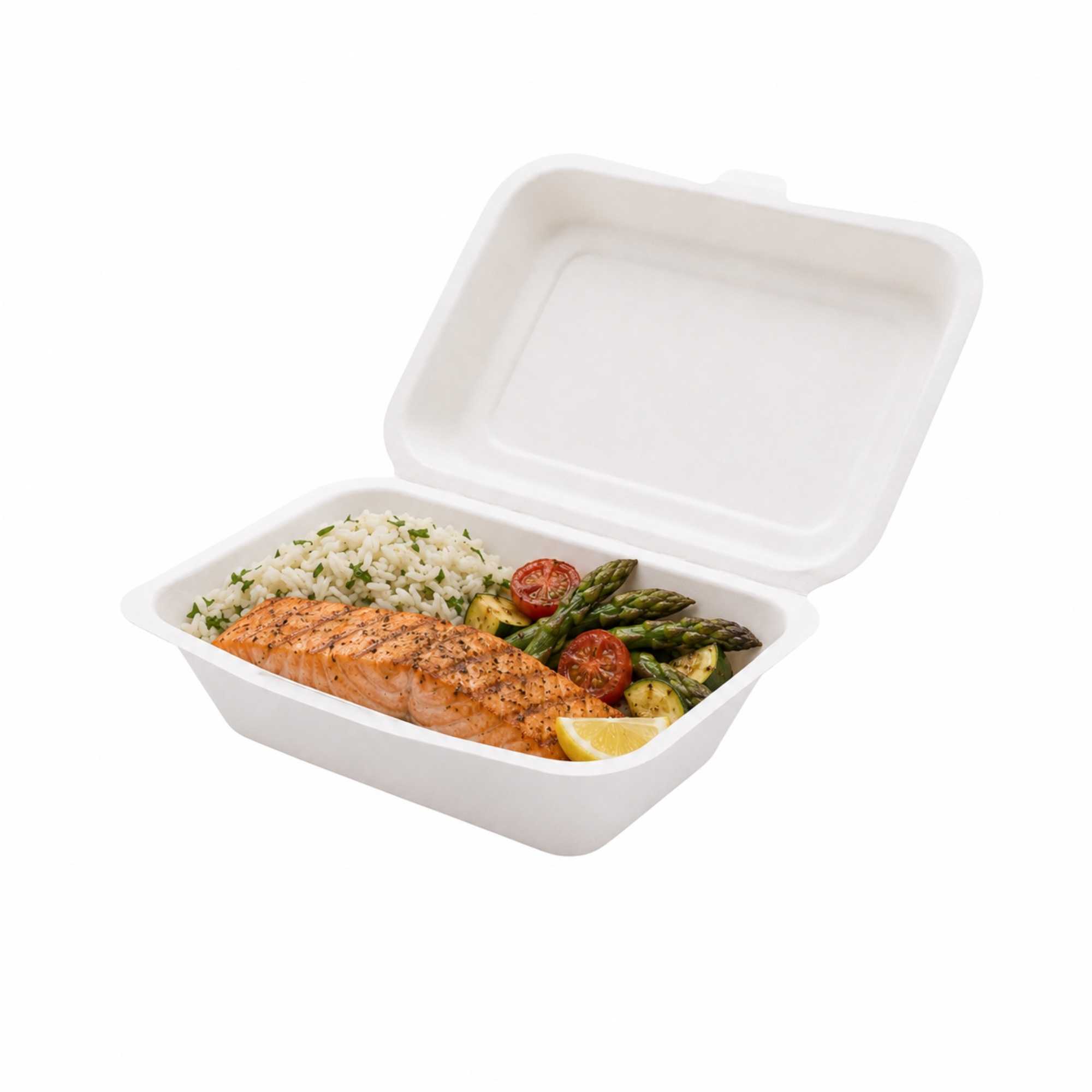 Pulp Tek 20 oz Rectangle White Sugarcane / Bagasse Clamshell Container - 7 1/4" x 5 1/2" x 2 1/2" - 100 count box