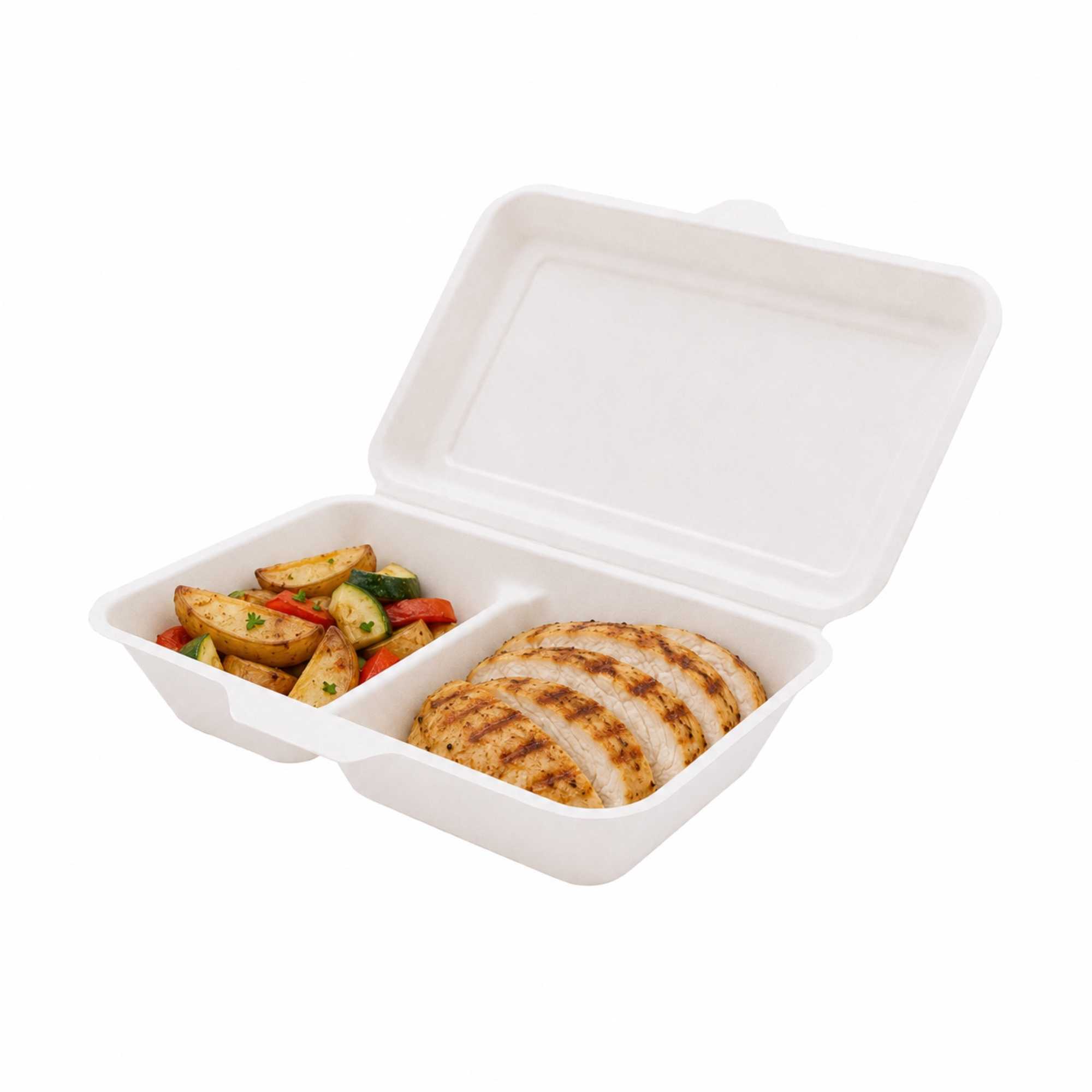 Pulp Tek 34 oz Rectangle White Sugarcane / Bagasse Clamshell Container - 2-Compartment - 9 1/2" x 6 1/4" x 2 1/2" - 100 count box