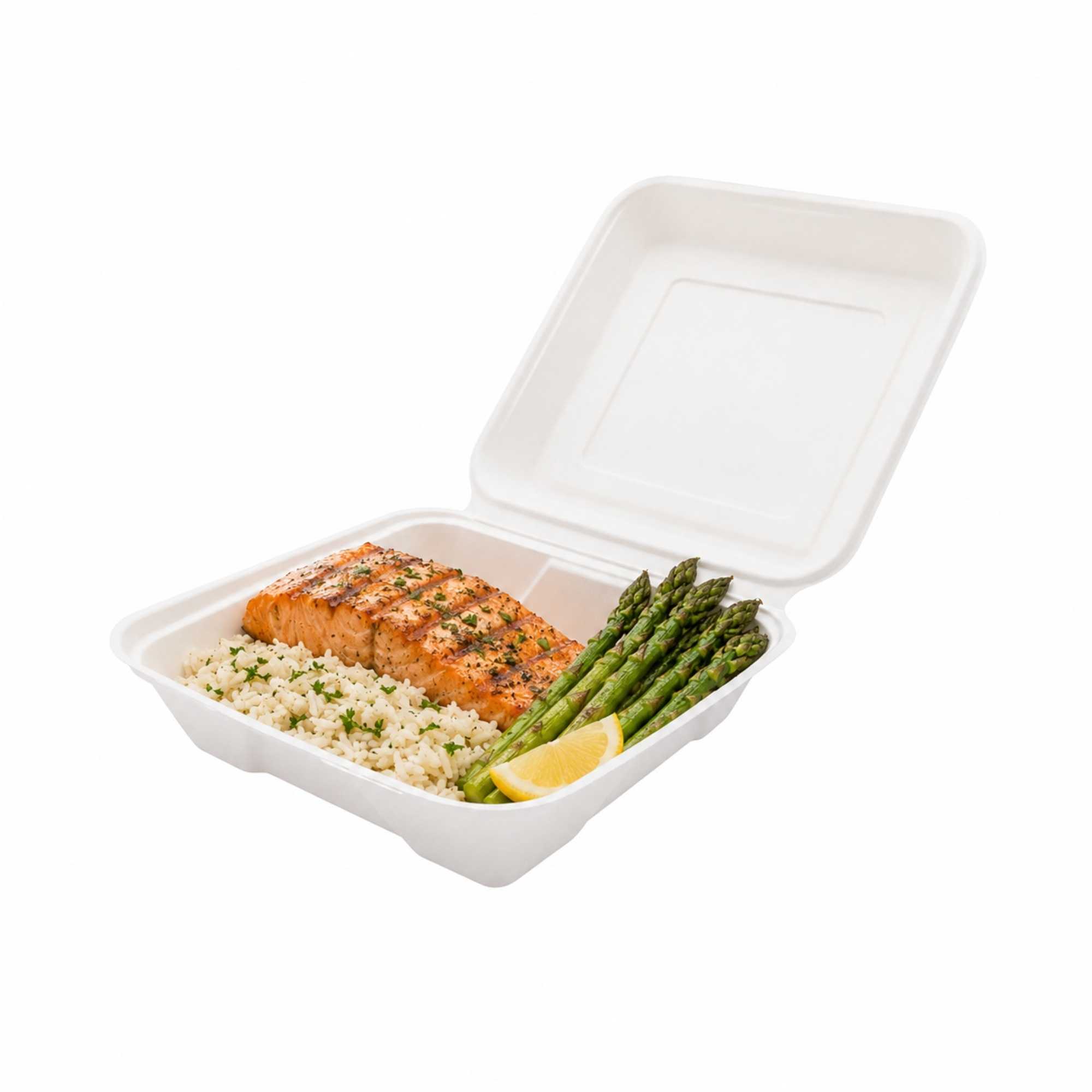 Pulp Tek 32 oz Square White Sugarcane / Bagasse Large Clamshell Container - 9 1/4" x 9 1/4" x 3 1/4" - 100 count box
