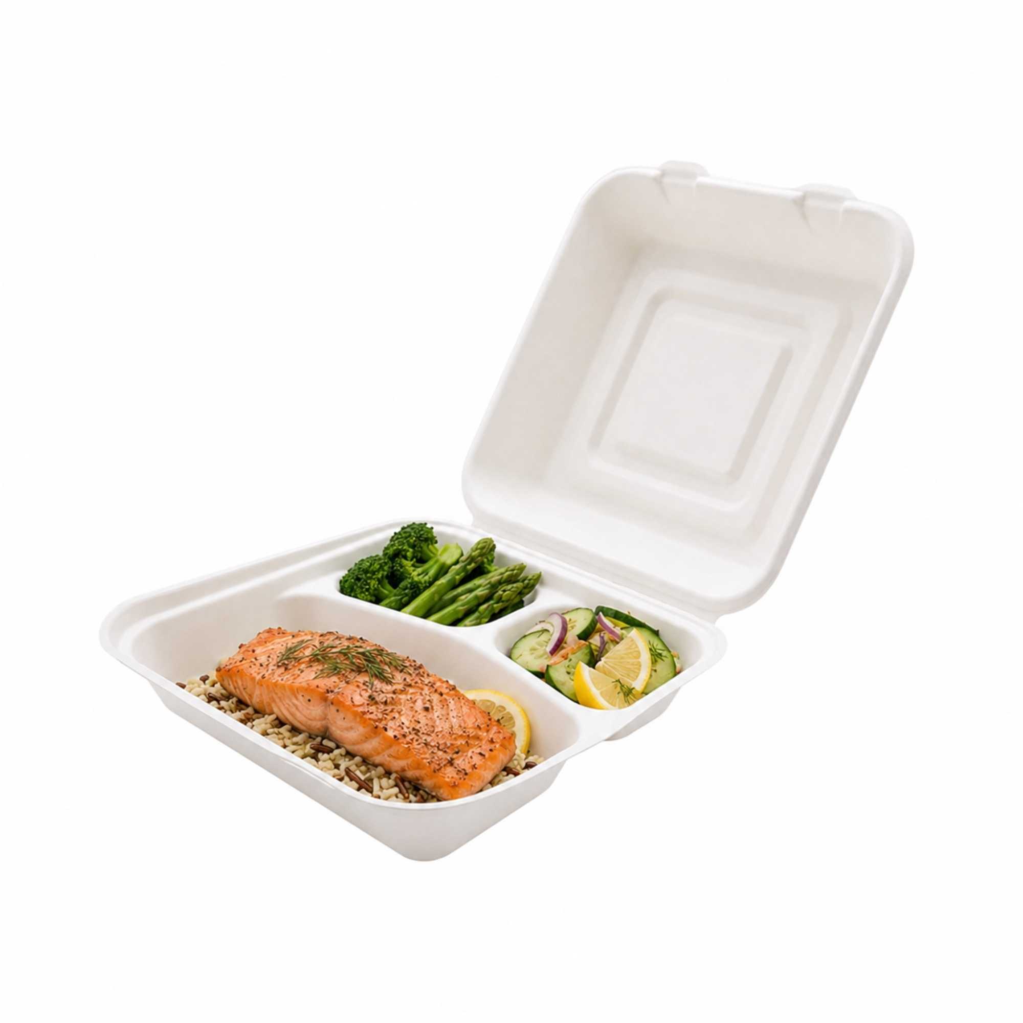 Pulp Tek Square White Sugarcane / Bagasse Extra Large Clamshell Container - 3-Compartment - 9 3/4" x 9 1/2" x 3 1/4" - 100 count box