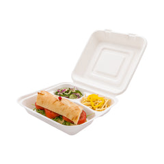 Pulp Tek Square White Sugarcane / Bagasse Extra Large Clamshell Container - 3-Compartment - 9 3/4