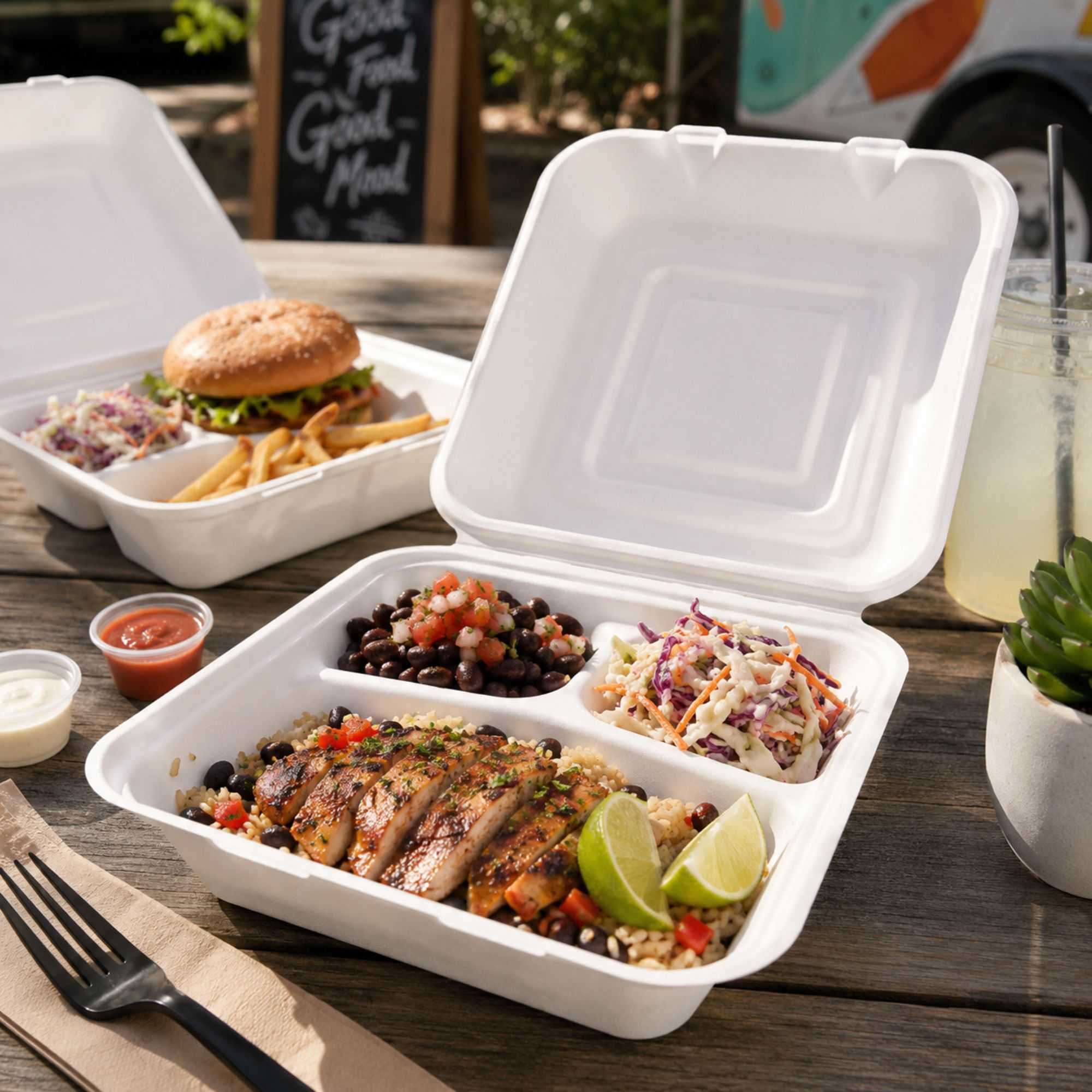 Pulp Tek Square White Sugarcane / Bagasse Extra Large Clamshell Container - 3-Compartment - 9 3/4" x 9 1/2" x 3 1/4" - 100 count box