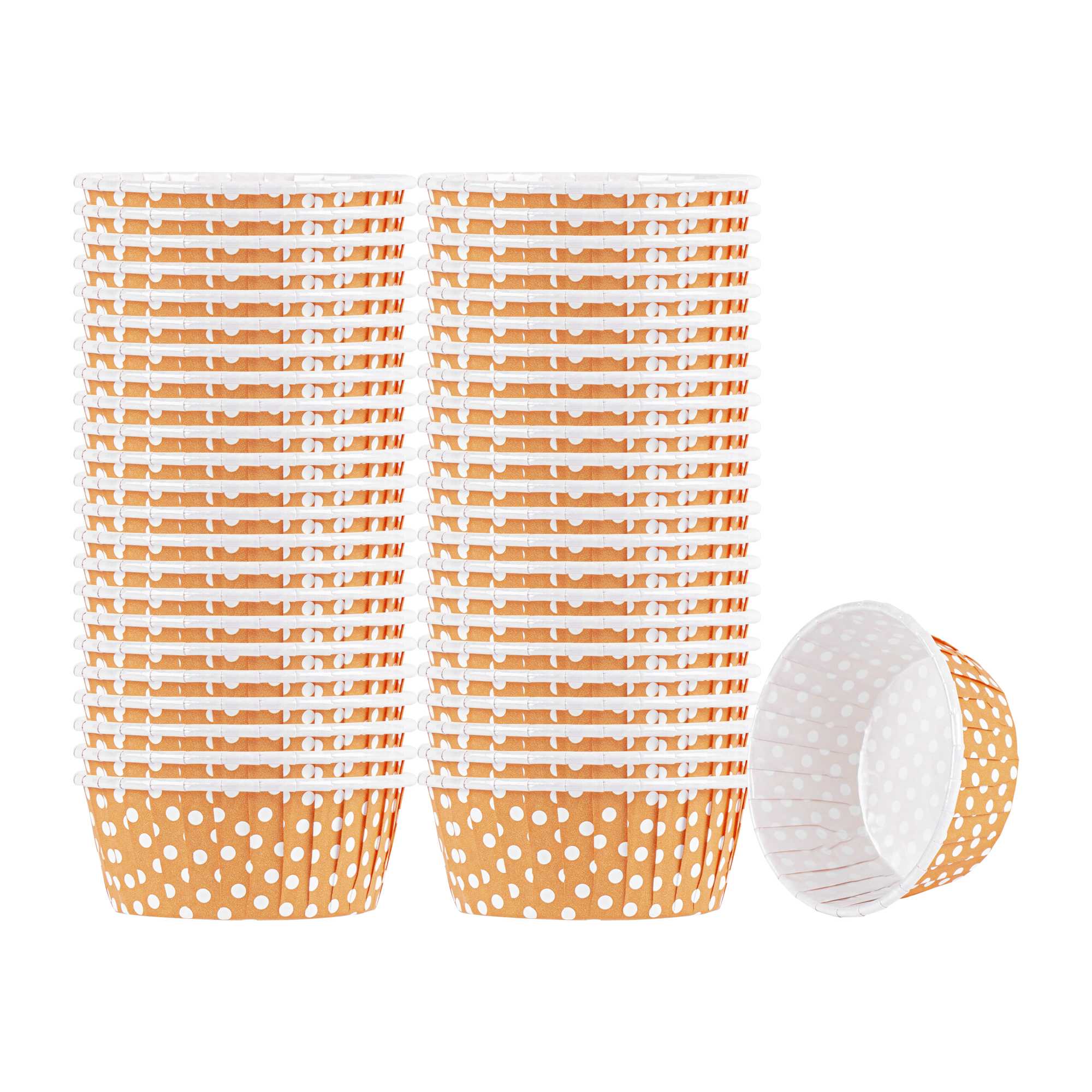 Panificio 5 oz Round Polka-Dotted Hot Orange Paper Large Baking Cup - Pleated - 3 3/4" x 3 3/4" x 1 1/2" - 200 count box