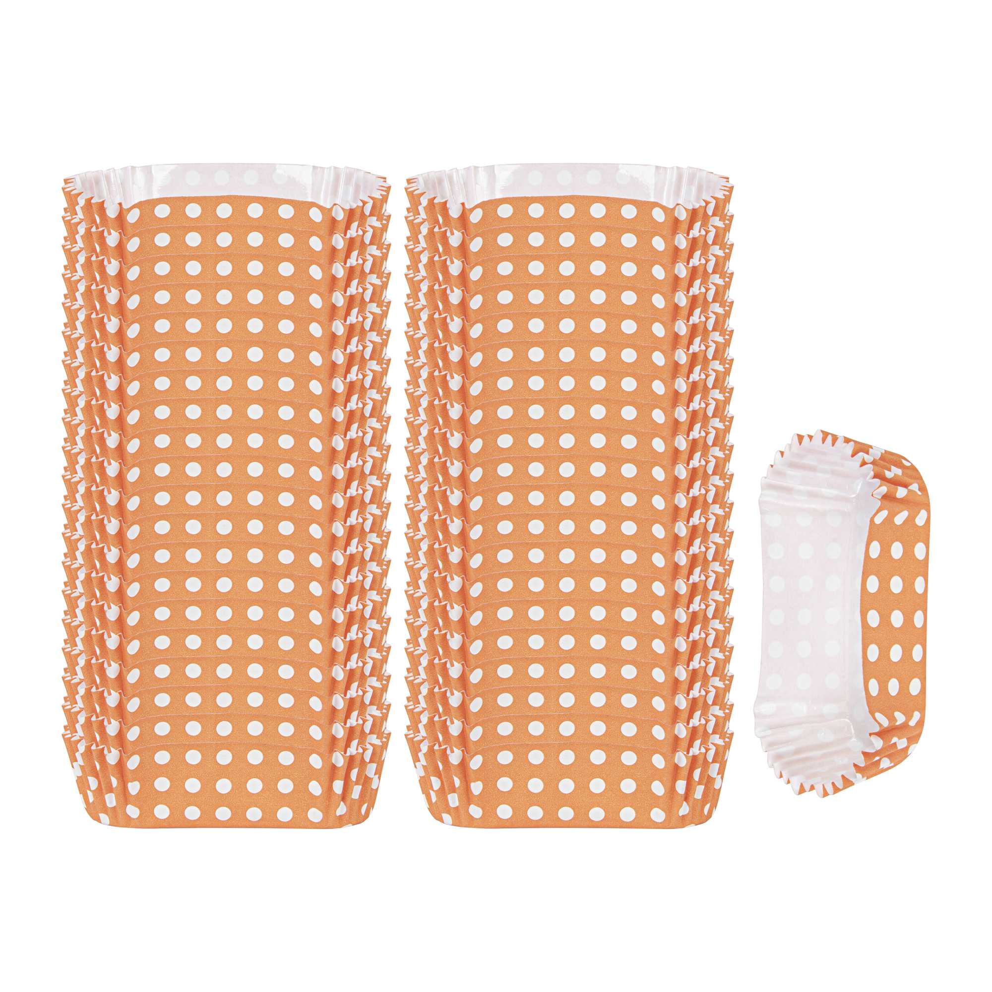Panificio 1 oz Elliptical Polka-Dotted Hot Orange Paper Regular Baking Cup - Ridged - 3 1/2" x 1 1/2" x 3/4" - 200 count box