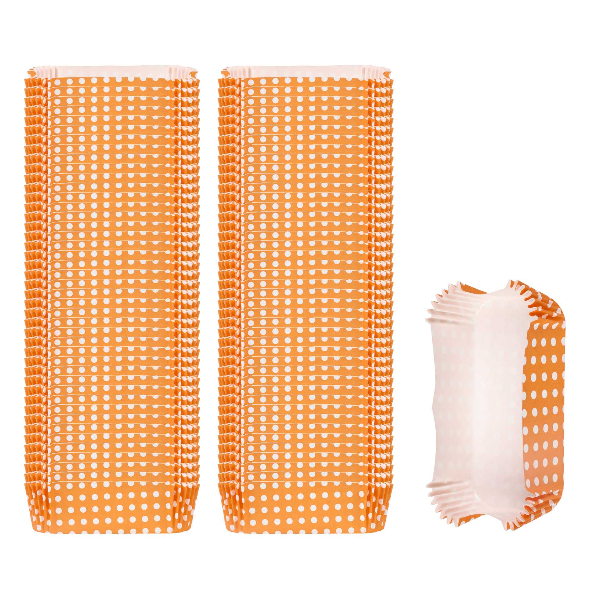 Panificio 5 oz Elliptical Polka-Dotted Hot Orange Paper Large Baking Cup - Ridged - 4 1/2" x 2 1/2" x 1 1/4" - 200 count box