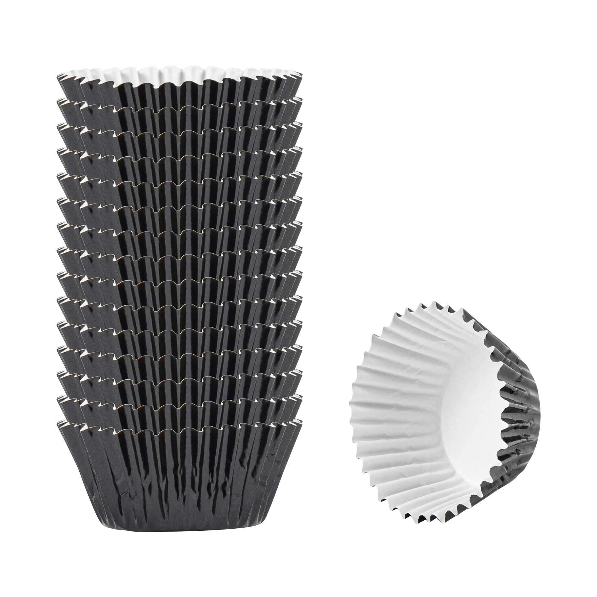 Panificio 0.4 oz Round Metallic Black Paper Baking Cup - Foil-Coated - 1 1/4" x 1 1/4" x 3/4" - 200 count box