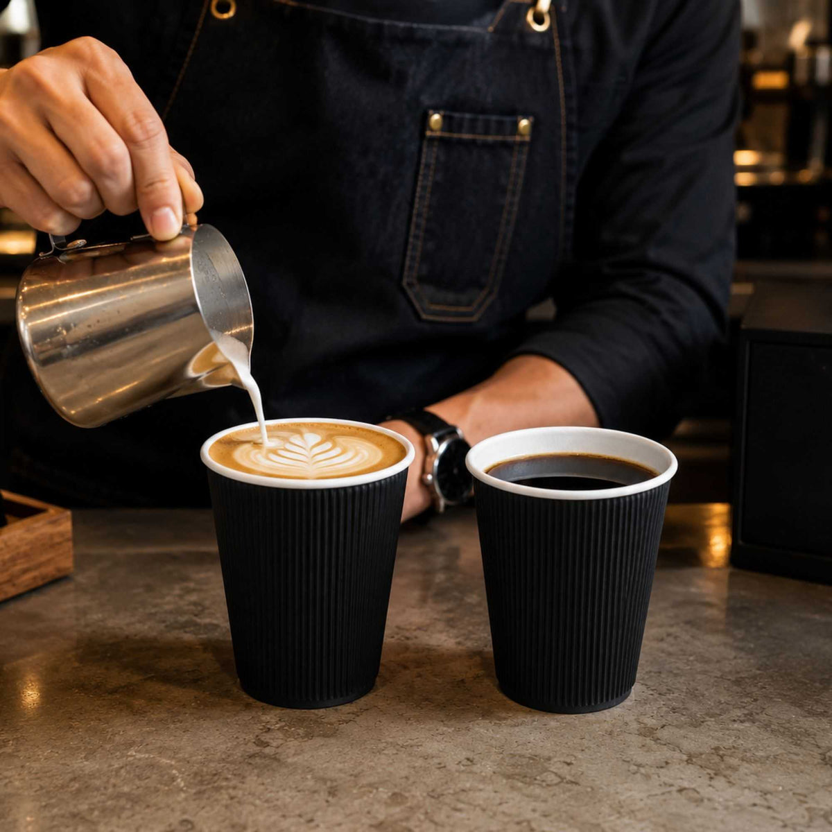 Restpresso 12 oz Black Paper Coffee Cup - Ripple Wall - 3 1/2" x 3 1/2" x 4 1/4" - 500 count box