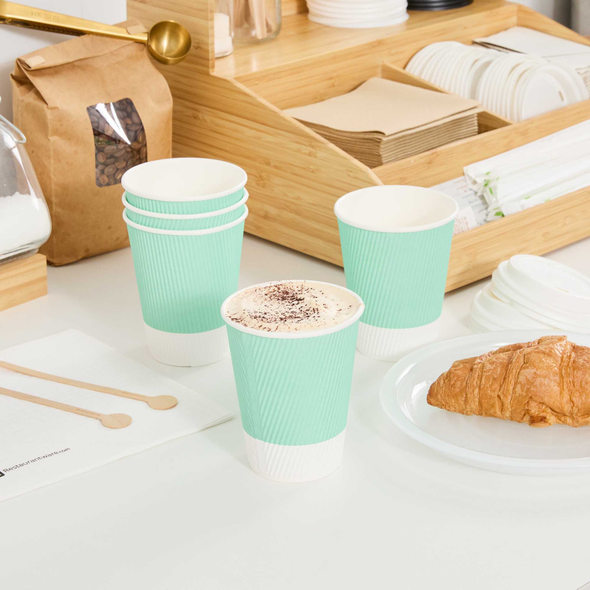 12 oz Light Green Paper Coffee Cup - Ripple Wall - 3 1/2" x 3 1/2" x 4 1/4" - 25 count box