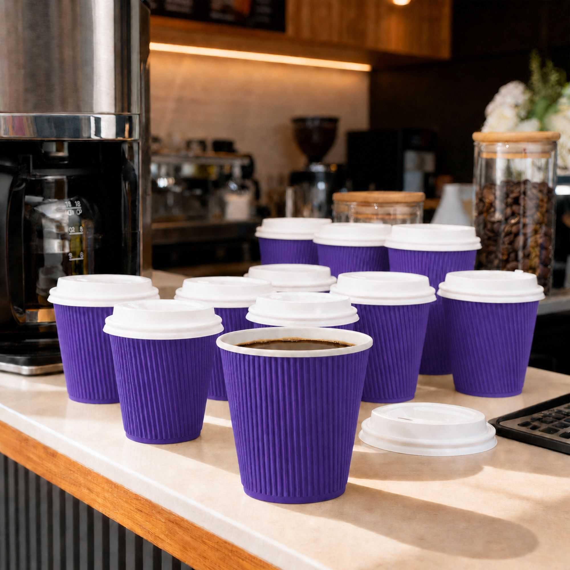 Restpresso 8 oz Royal Purple Paper Coffee Cup - Ripple Wall - 3 1/2" x 3 1/2" x 3 1/4" - 25 count box