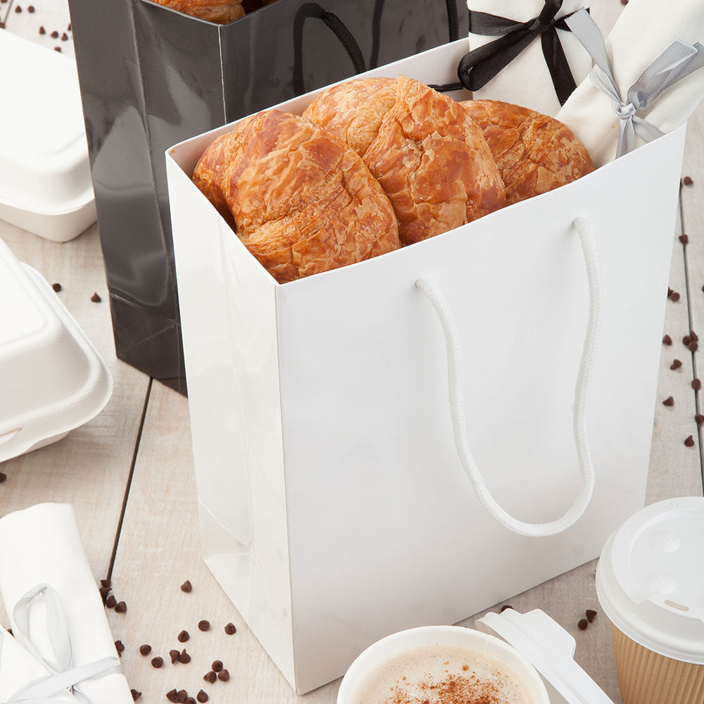 Vogue Rectangle White Paper Medium Shopping and Take Out Bag - Glossy, Rope Handles - 8" x 4" x 10" - 10 count box