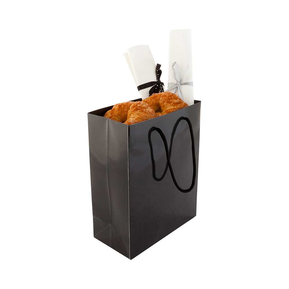 Vogue Rectangle Black Paper Extra Large Shopping and Take Out Bag - Glossy, Rope Handles - 12 1/2" x 5" x 10" - 100 count box