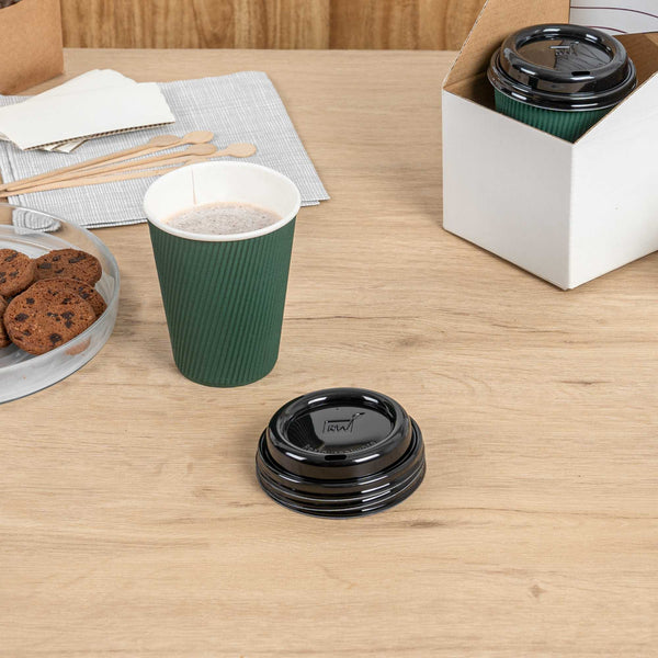 black disposable coffee cups with lids Restpresso Black Plastic Coffee Cup Lid - Fits 8, 12, 16 and 20 oz