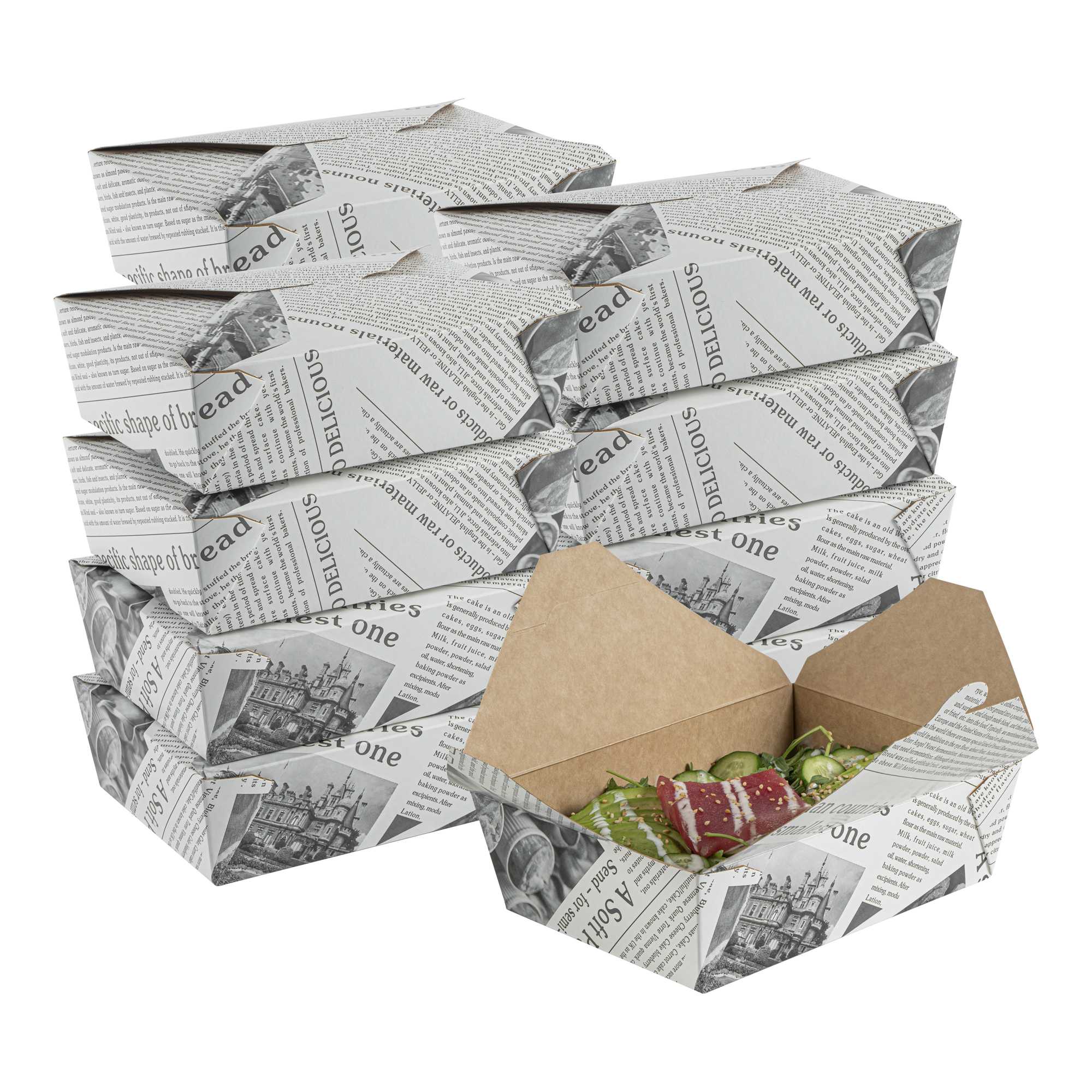Bio Tek 71 oz Rectangle Newsprint Paper #3 Bio Box Take Out Container - 8 1/2" x 6 1/4" x 2 1/2" - 200 count box