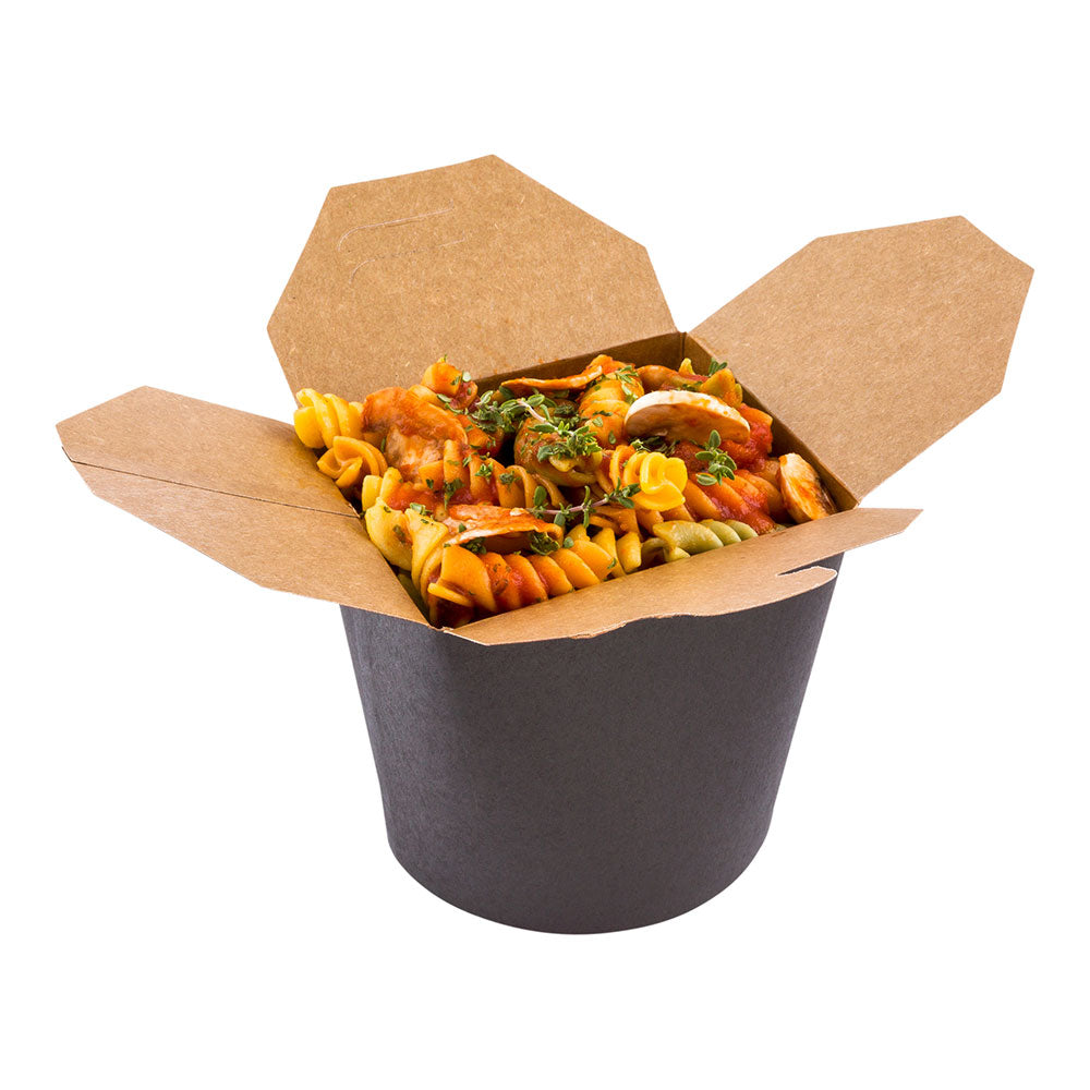 Bio Tek 26 oz Round Black Paper Noodle Take Out Container - 4" x 3 1/2" x 3 3/4" - 50 count box