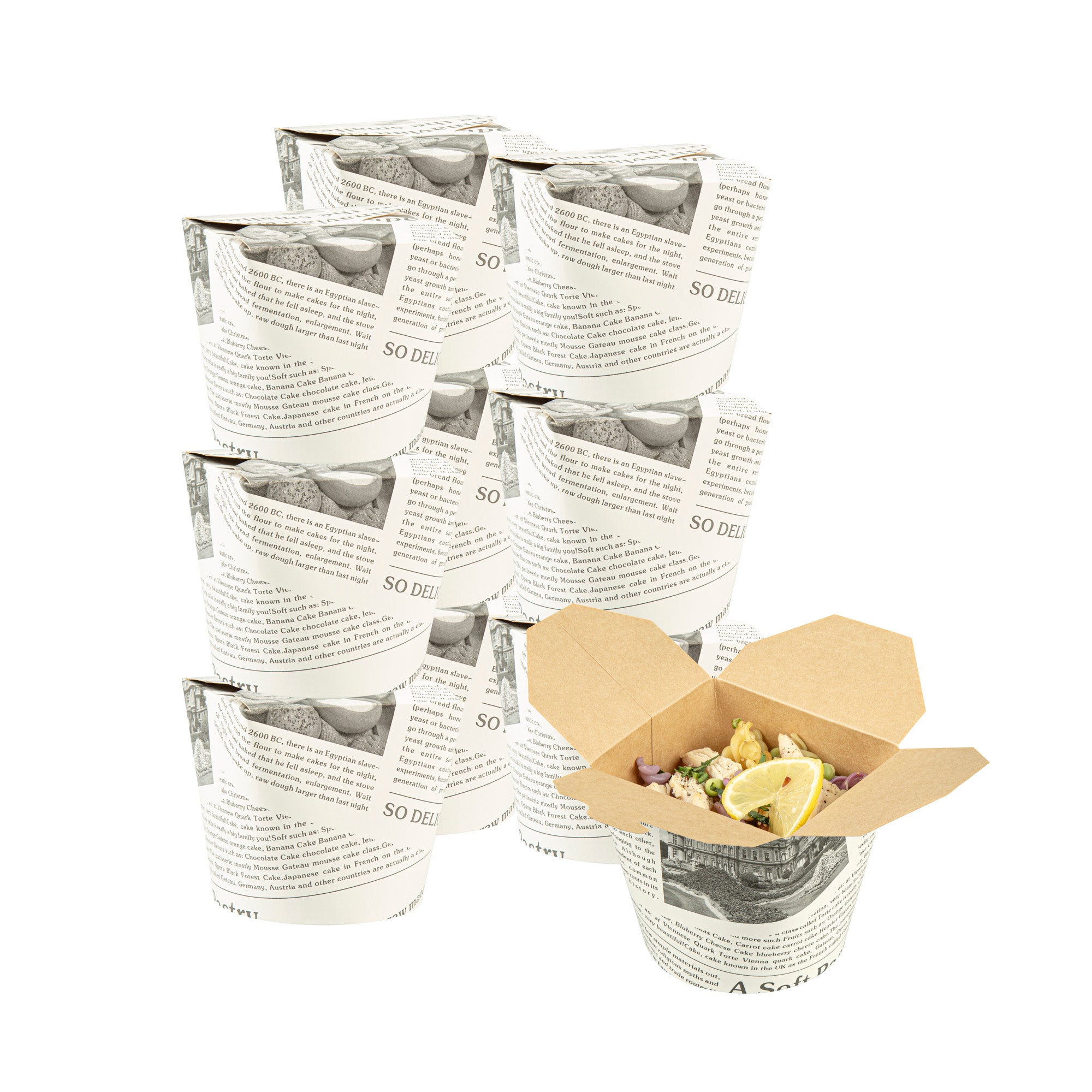 Bio Tek 26 oz Round Newsprint Paper Noodle Take Out Container - 4" x 3 1/2" x 3 3/4" - 200 count box