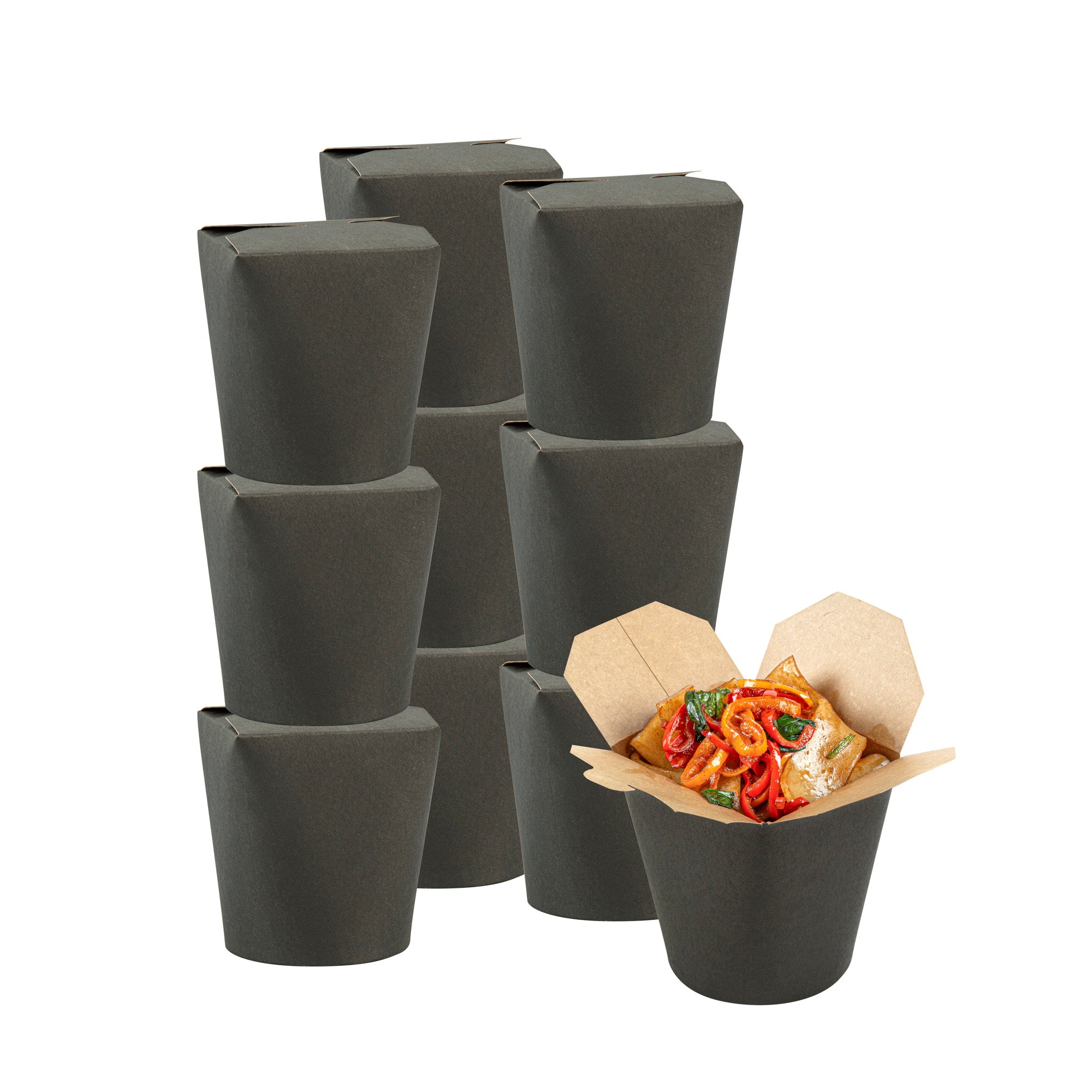 Bio Tek 32 oz Round Black Paper Noodle Take Out Container - 4" x 3 1/2" x 4 1/2" - 200 count box